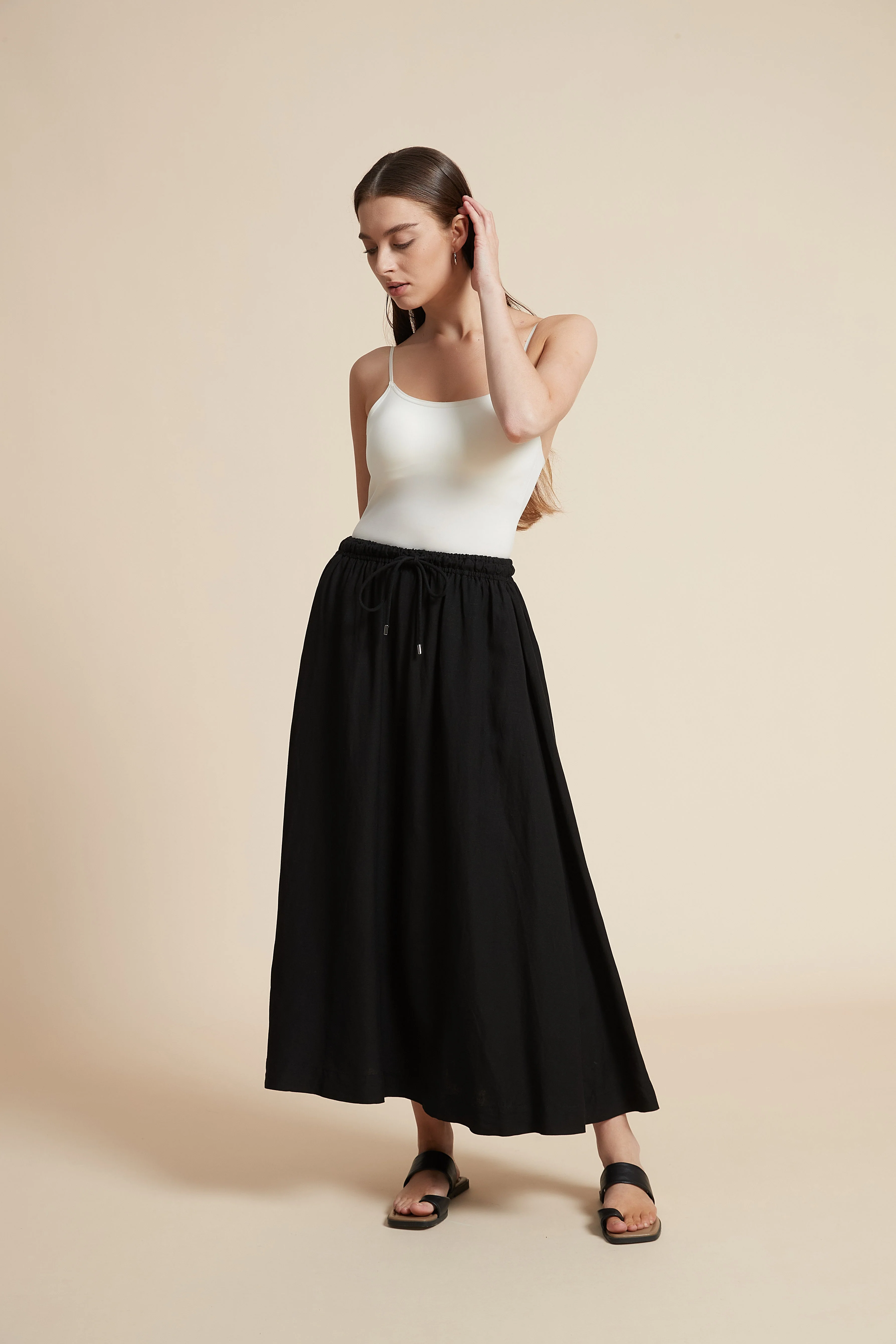 Plain Midi Skirt with Flared Cut and Waist Tie - Image 14