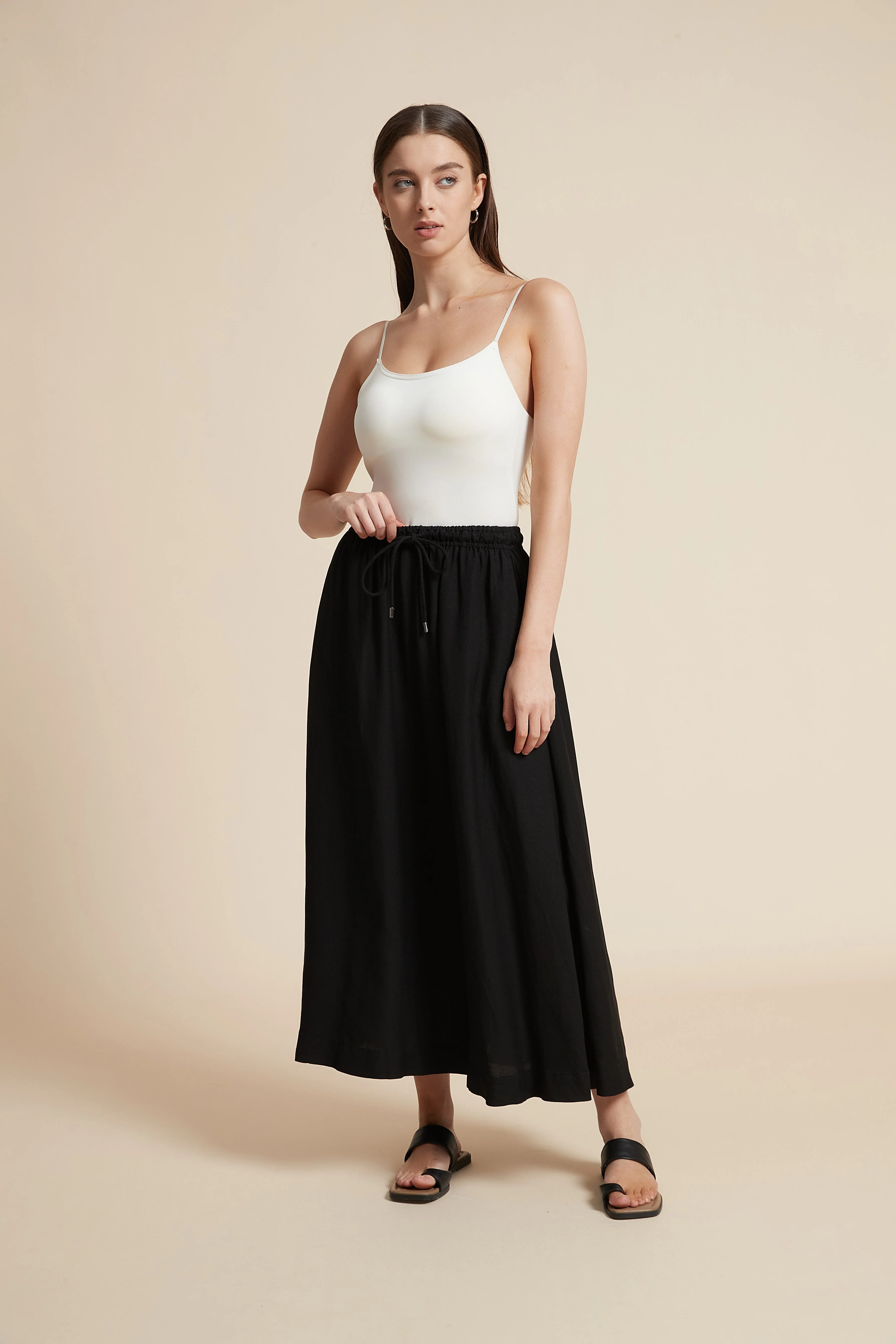 Plain Midi Skirt with Flared Cut and Waist Tie - Image 17