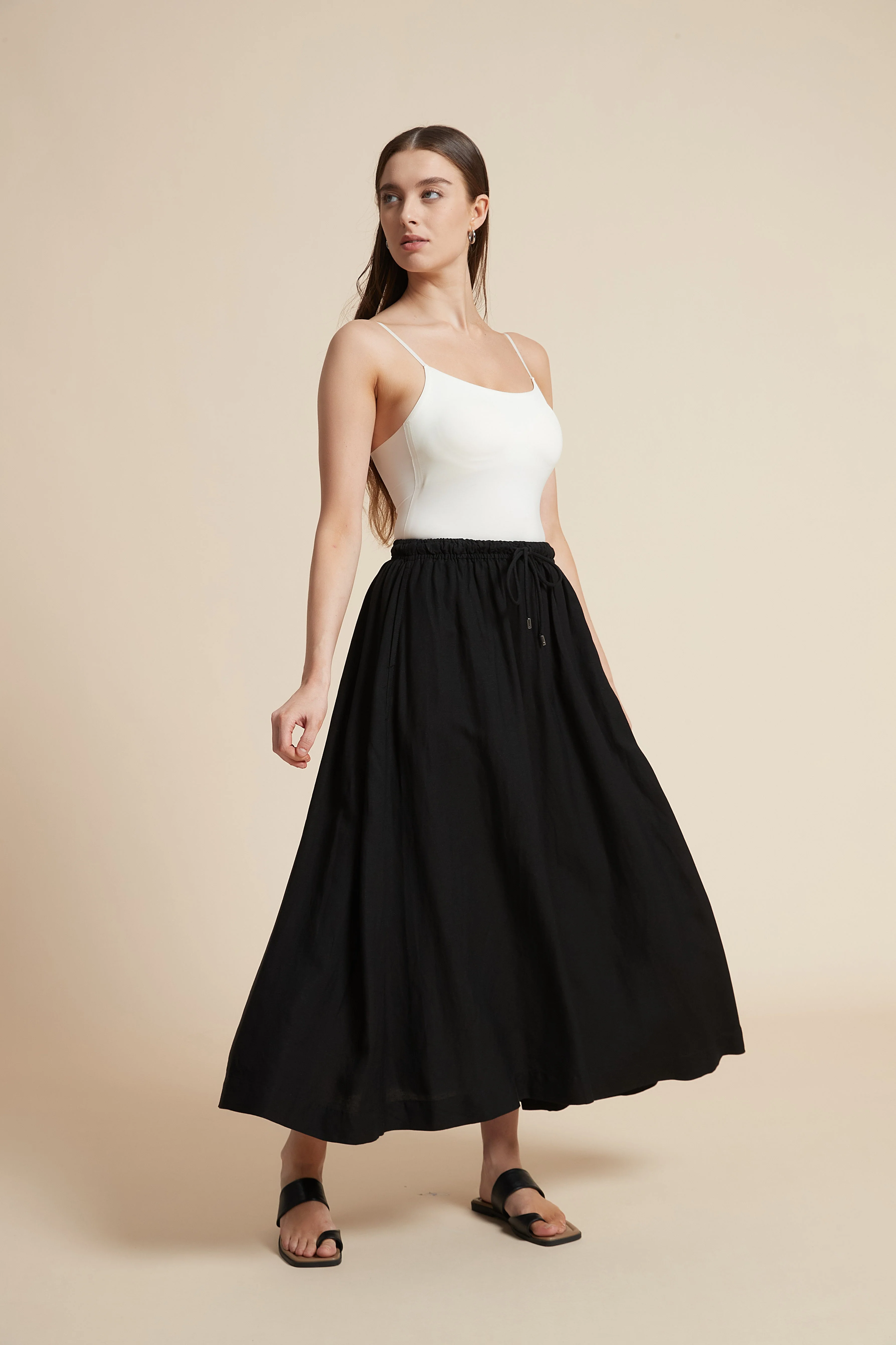 Plain Midi Skirt with Flared Cut and Waist Tie - Image 18