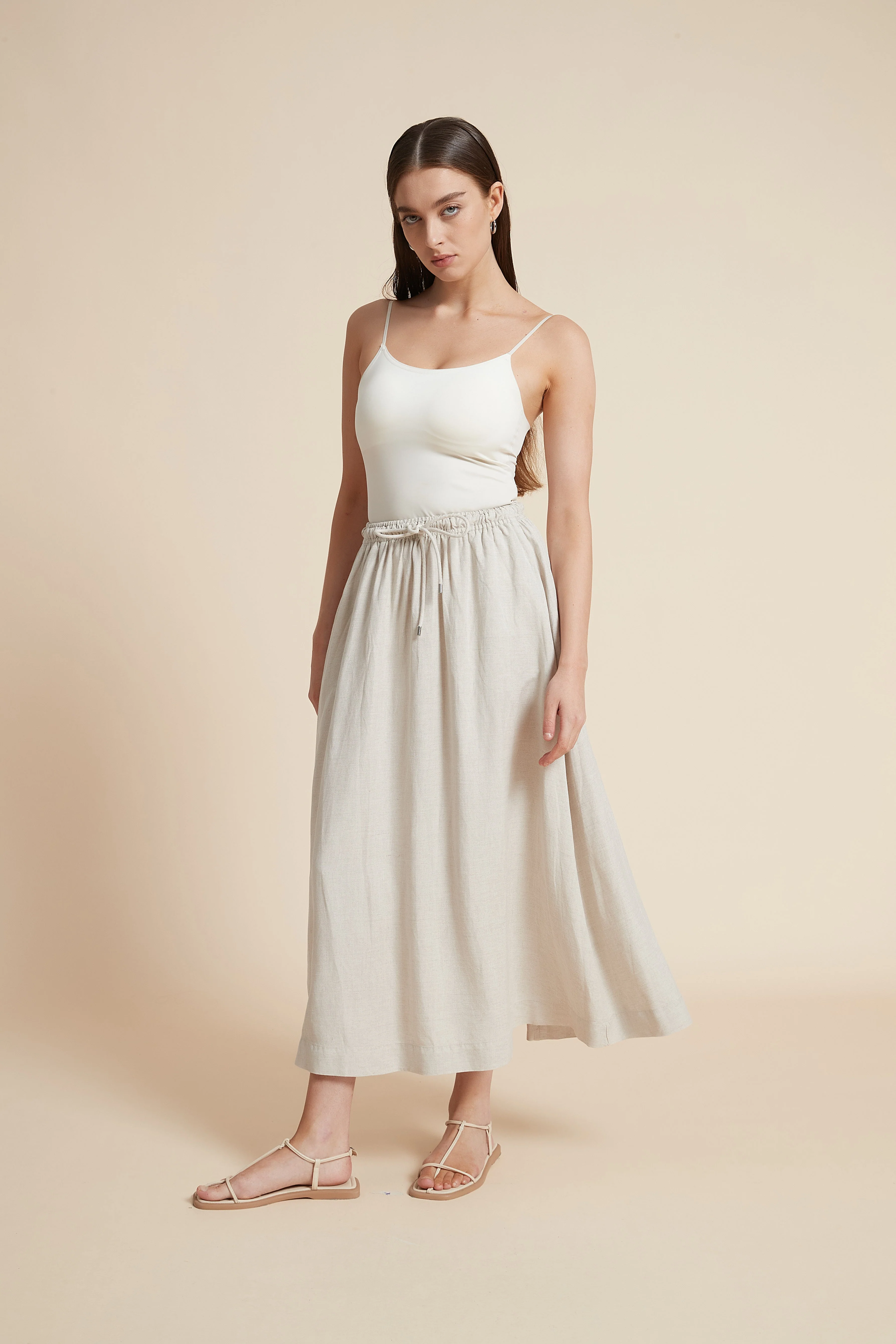 Plain Midi Skirt with Flared Cut and Waist Tie - Image 19
