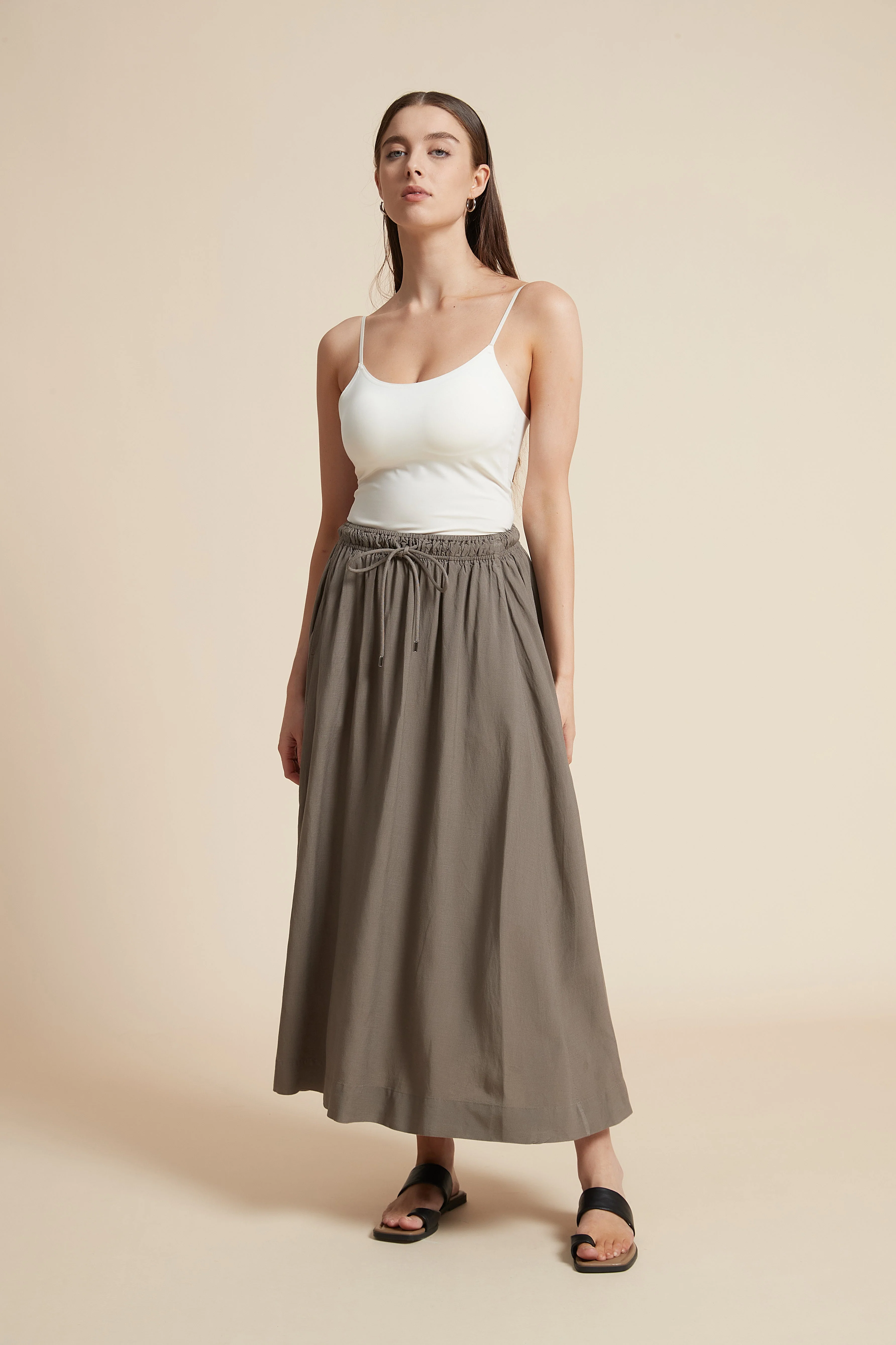 Plain Midi Skirt with Flared Cut and Waist Tie - Image 2