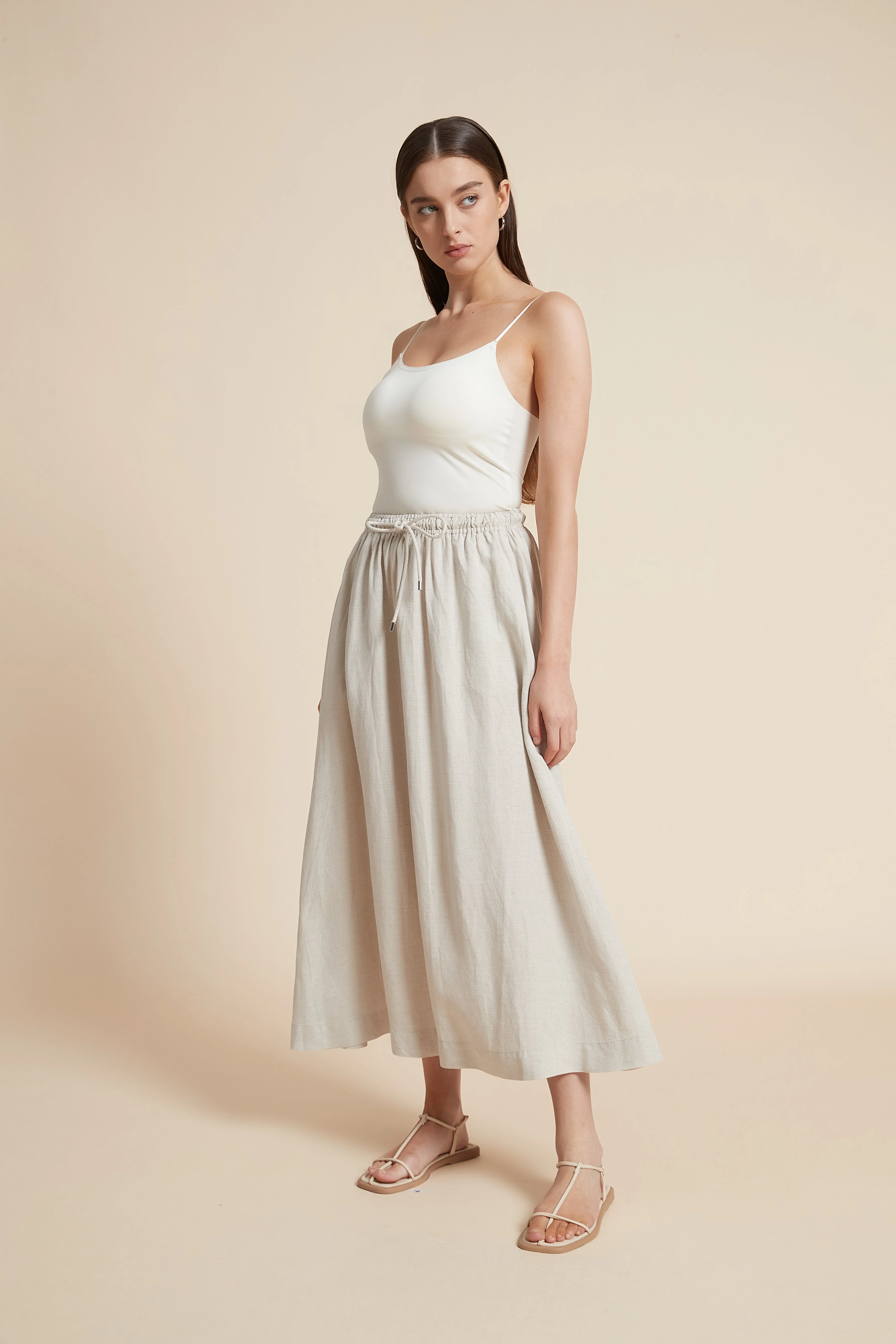 Plain Midi Skirt with Flared Cut and Waist Tie - Image 20
