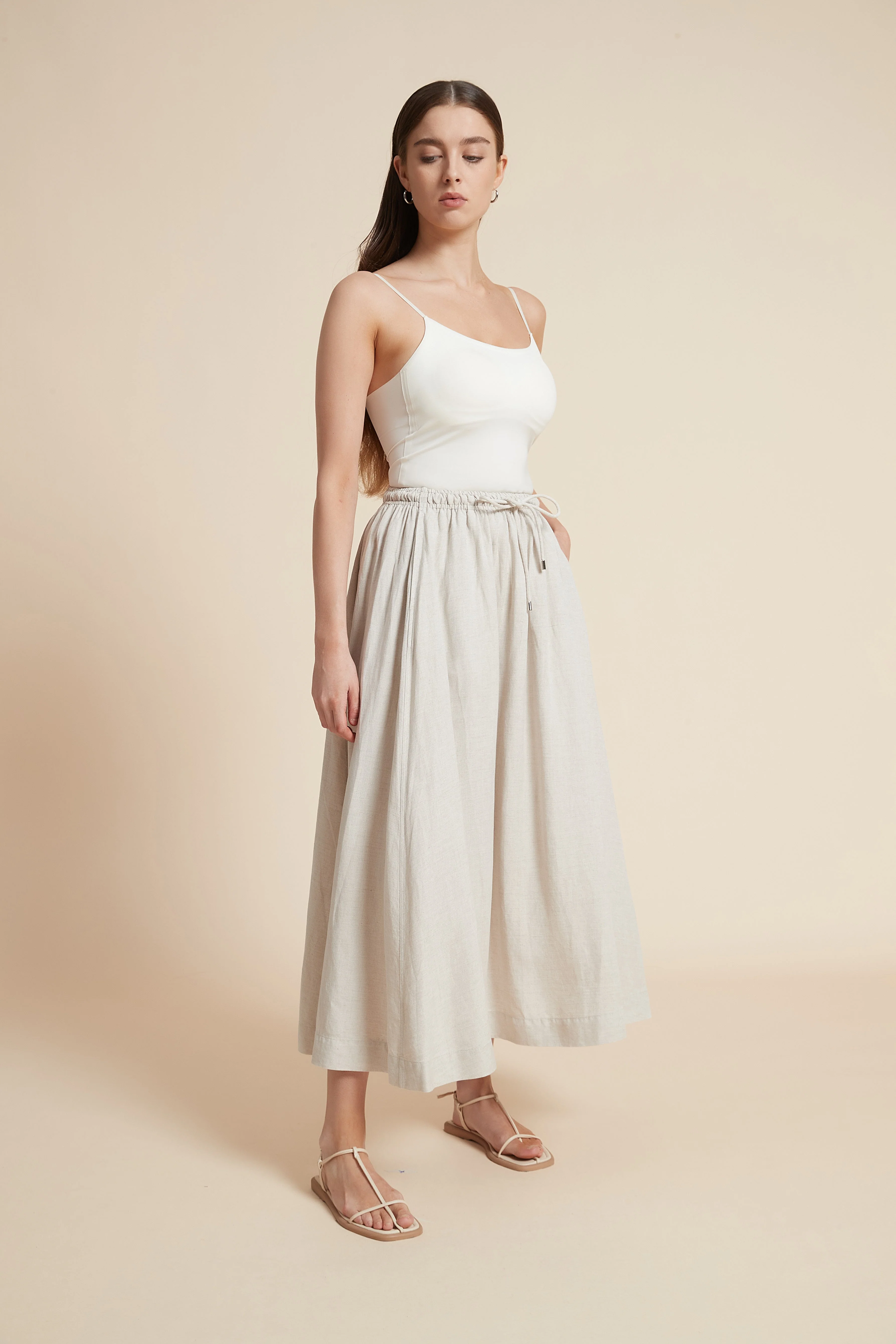 Plain Midi Skirt with Flared Cut and Waist Tie - Image 21