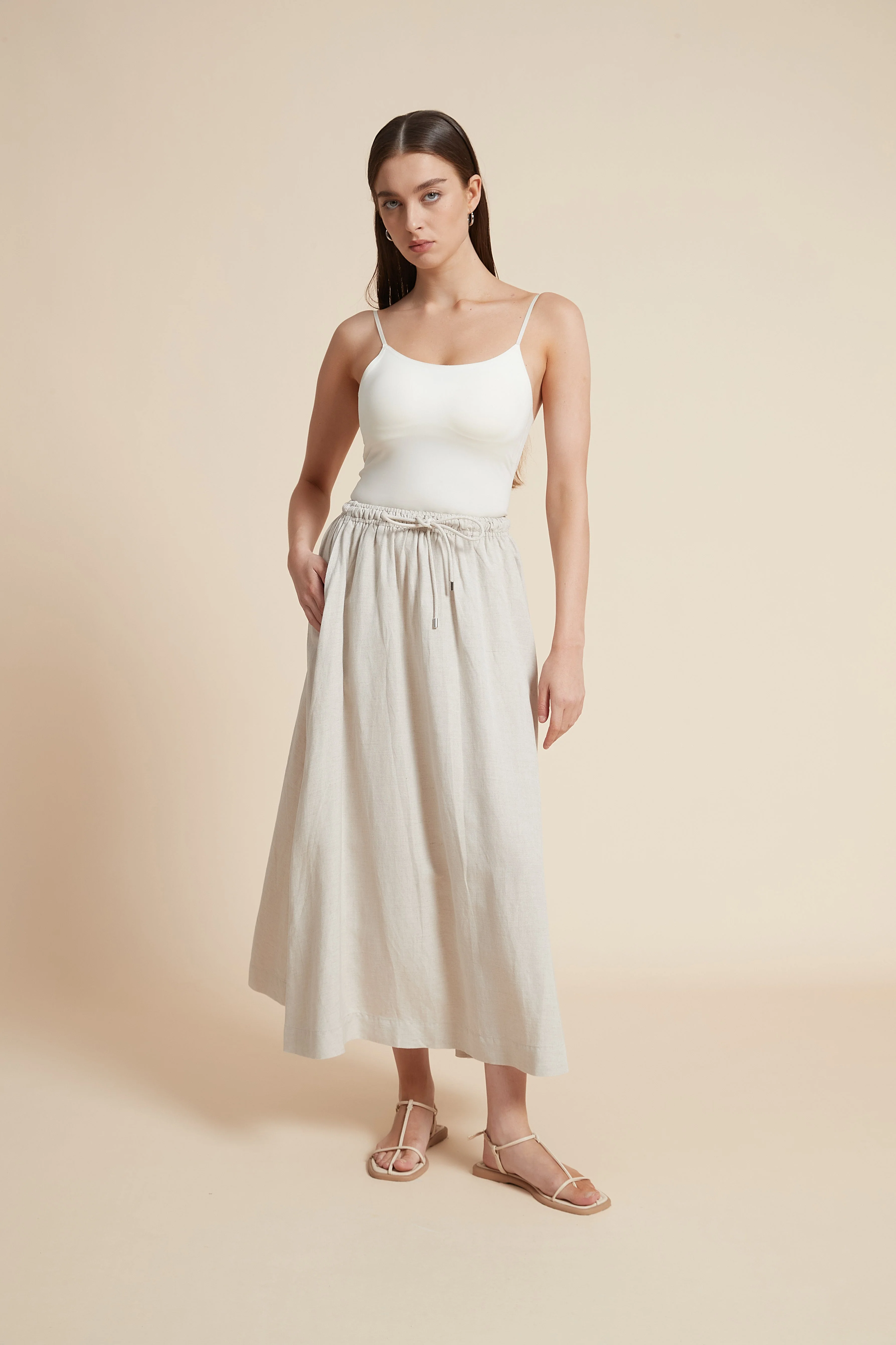 Plain Midi Skirt with Flared Cut and Waist Tie - Image 22