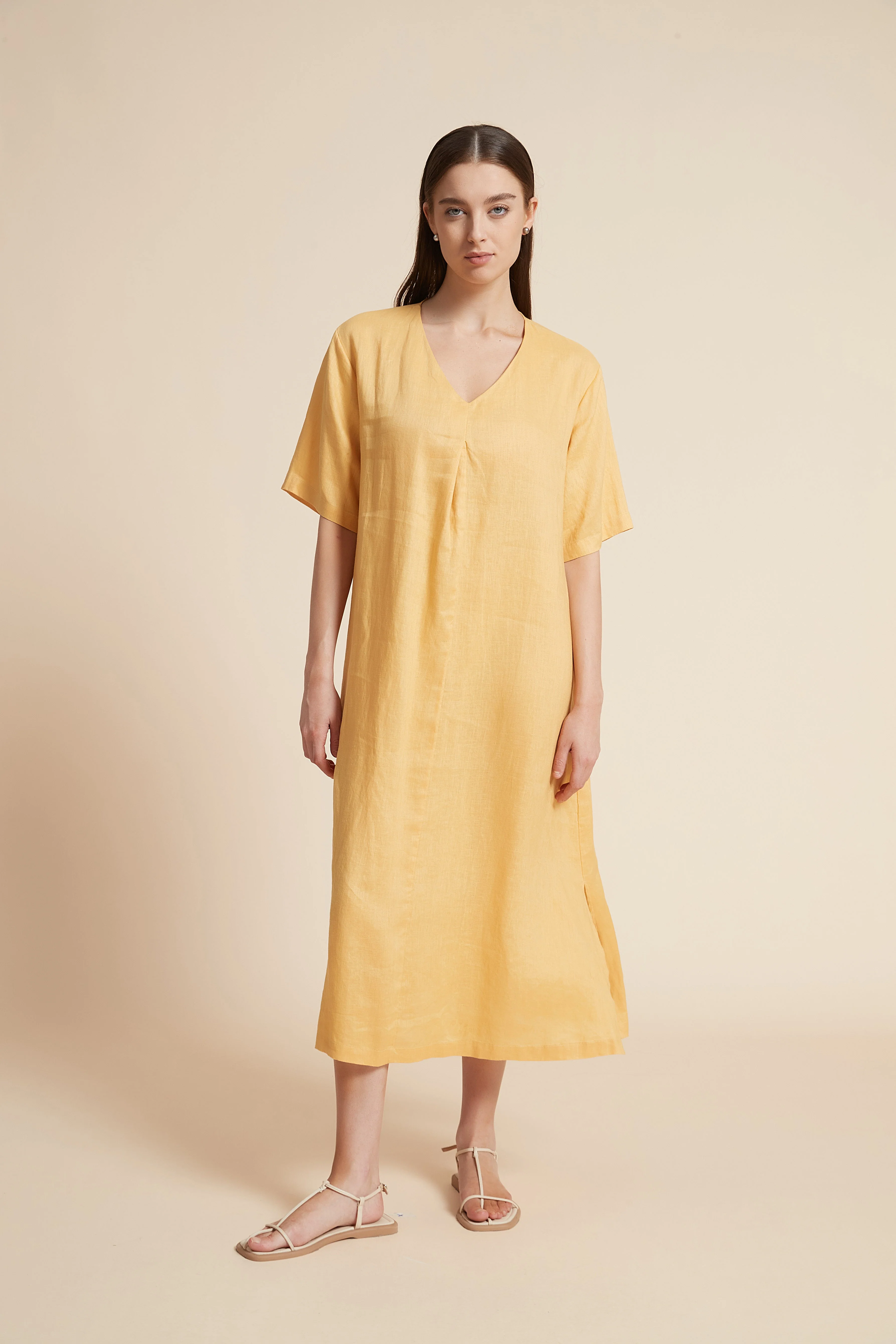 Plain Midi Dress with Half Sleeves and V-Neckline - Image 10
