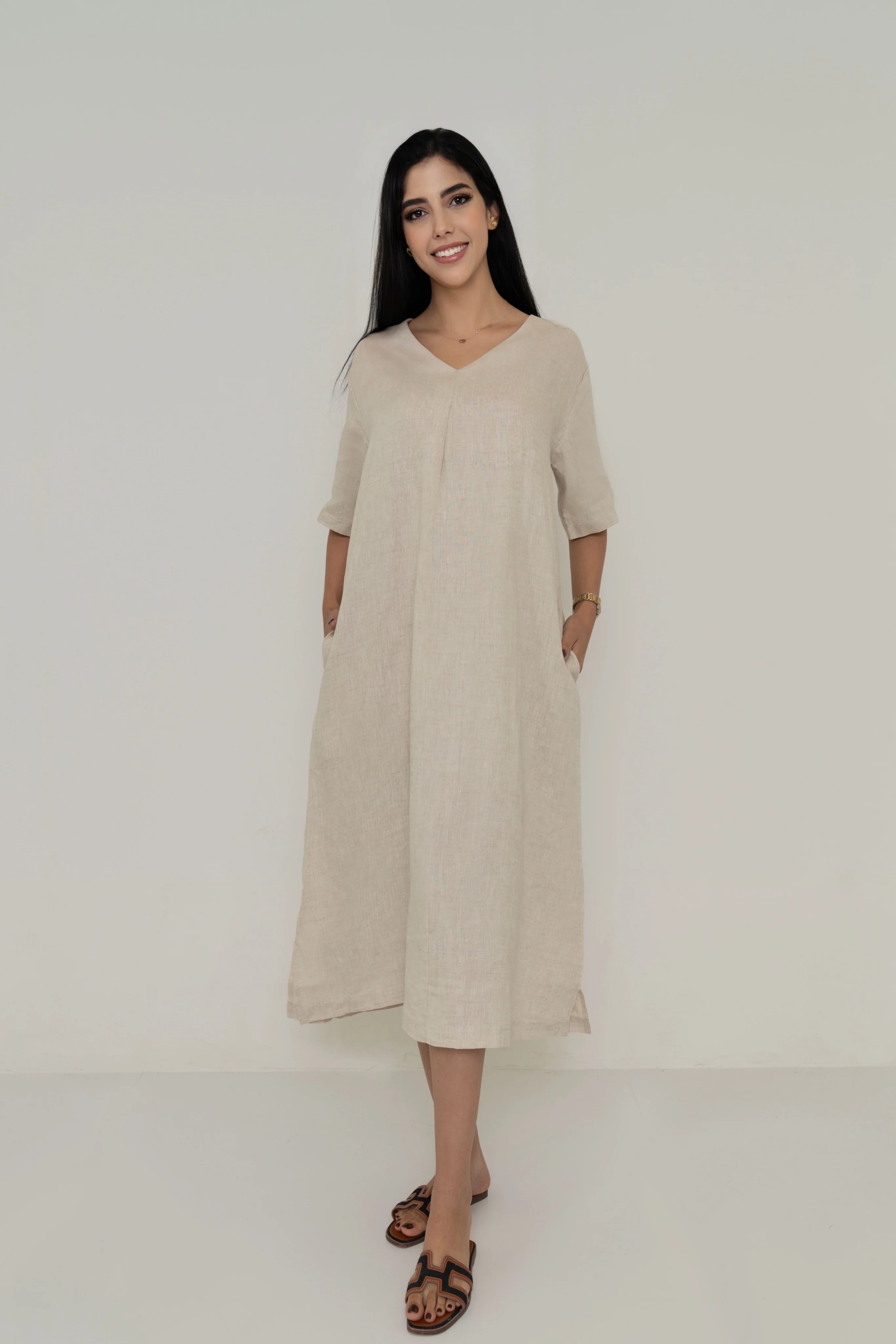 Plain Midi Dress with Half Sleeves and V-Neckline - Image 8