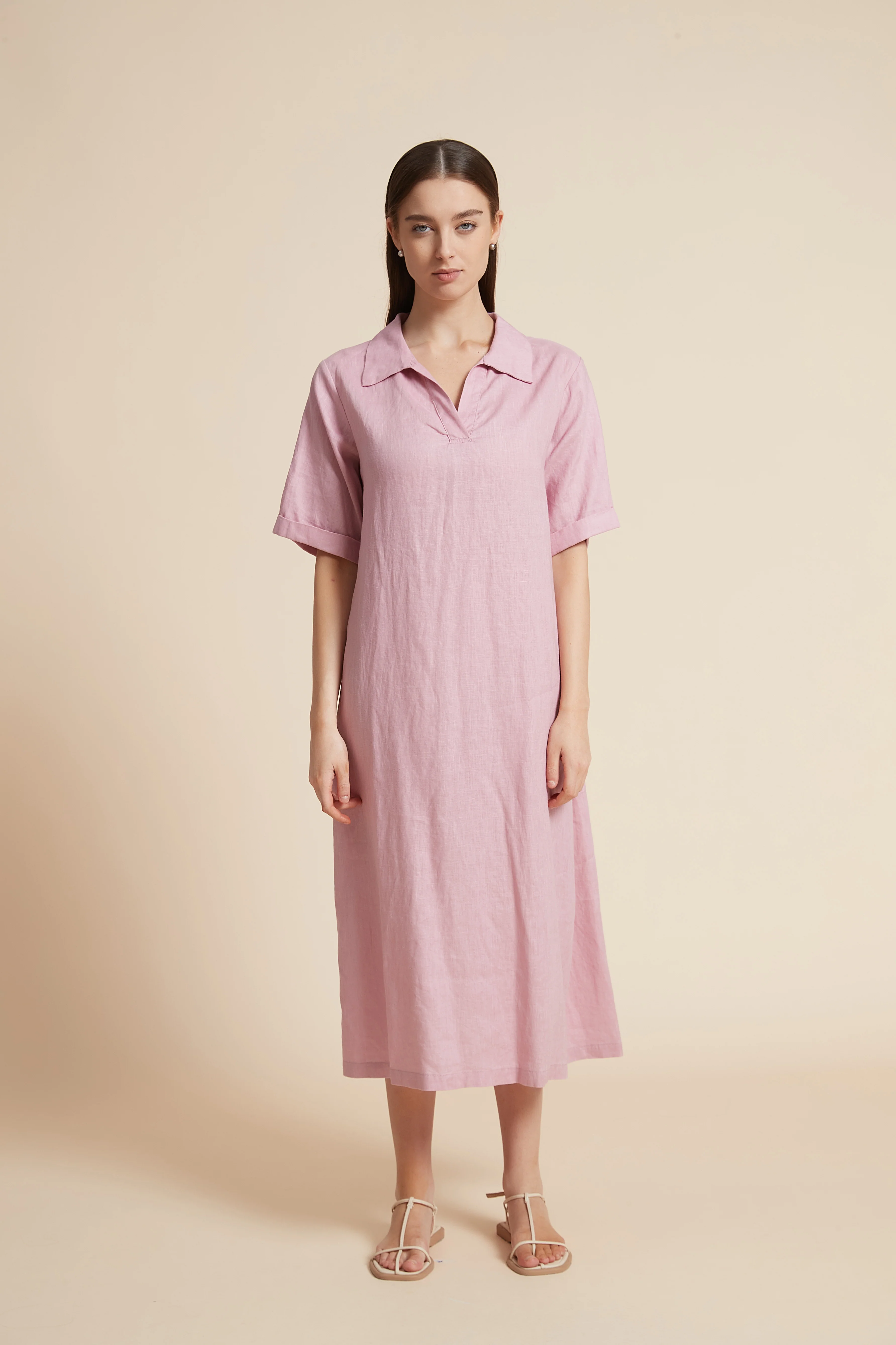 Plain Midi Dress with V-Neckline - Image 10