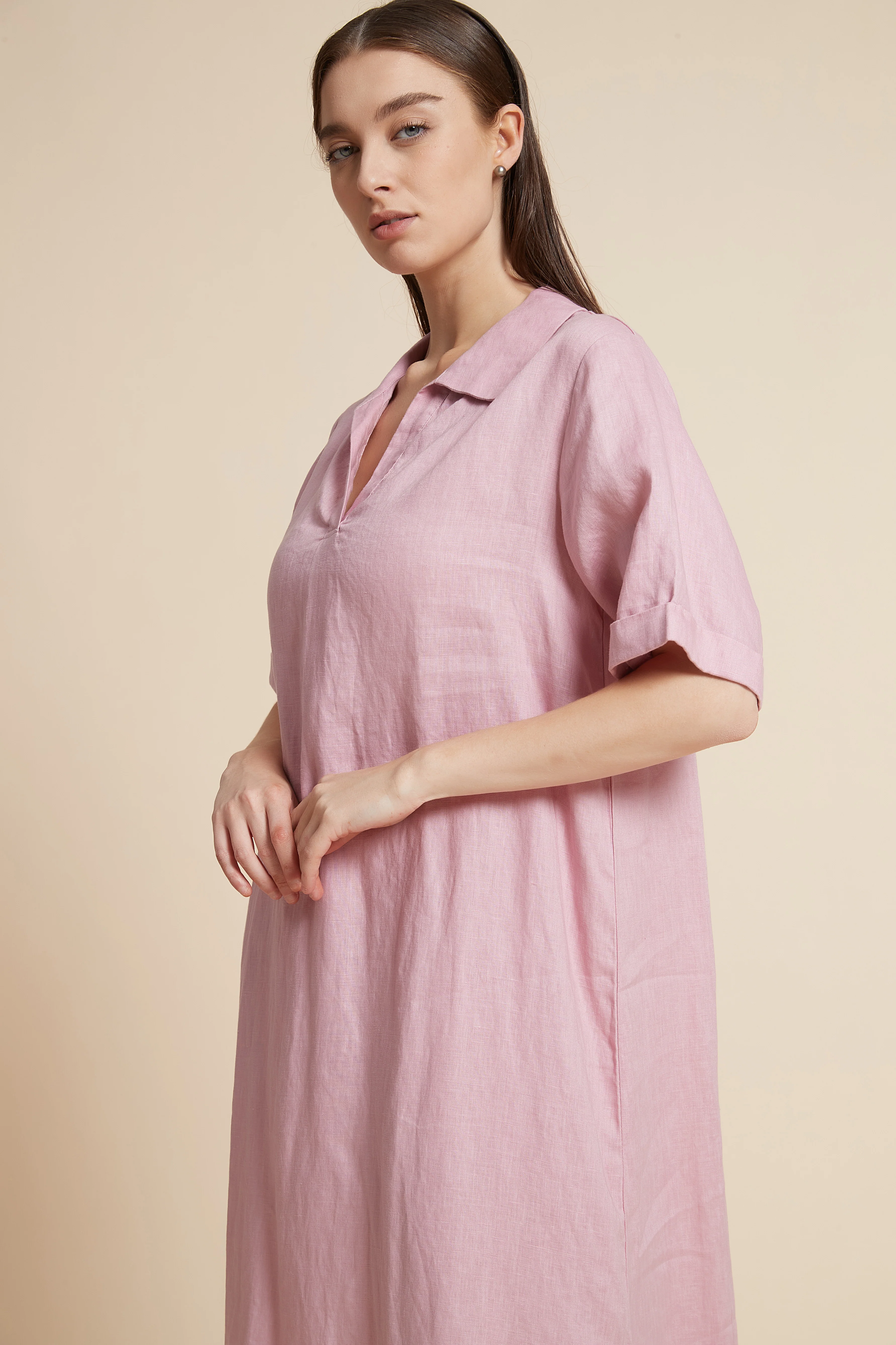 Plain Midi Dress with V-Neckline - Image 11