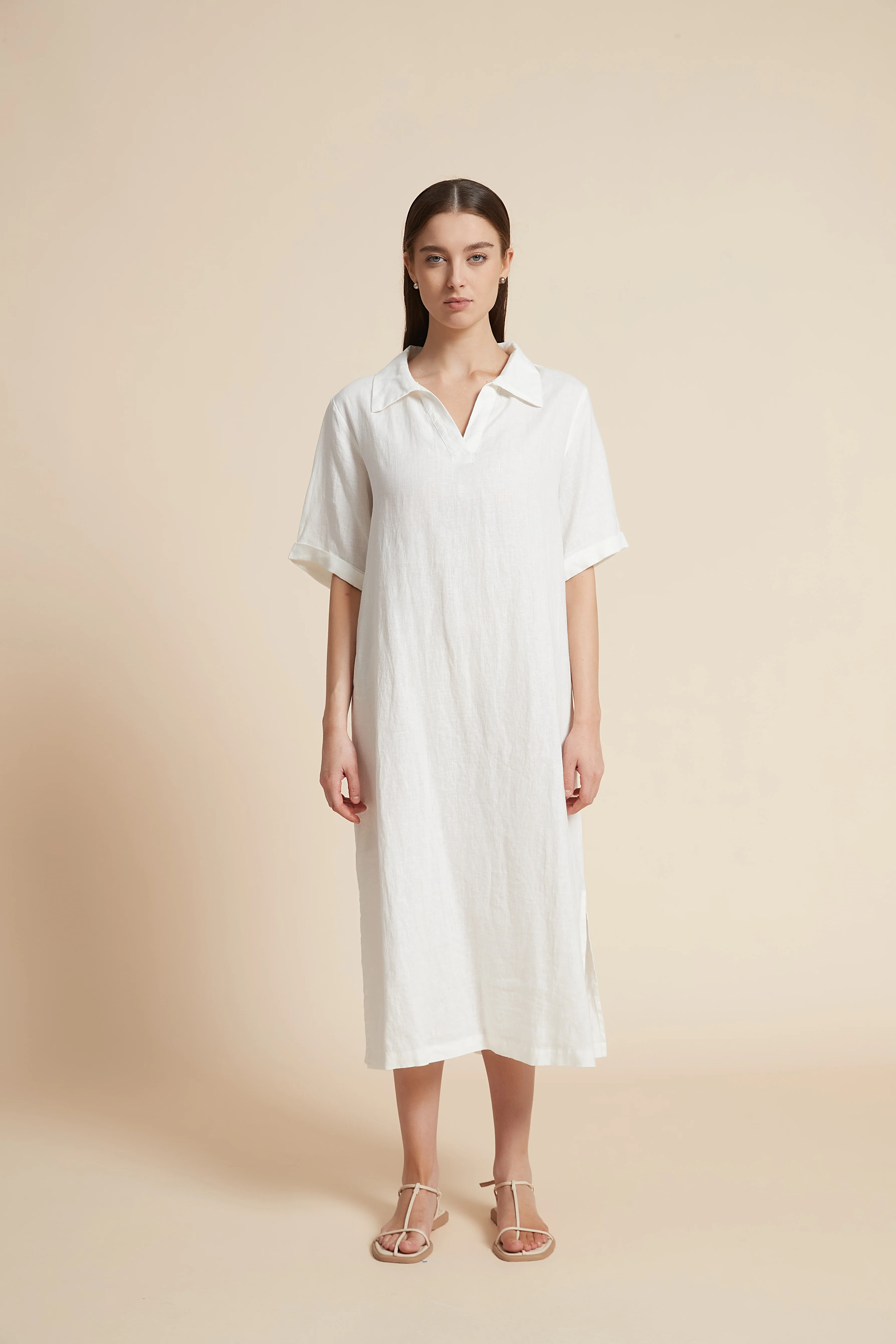 Plain Midi Dress with V-Neckline - Image 2
