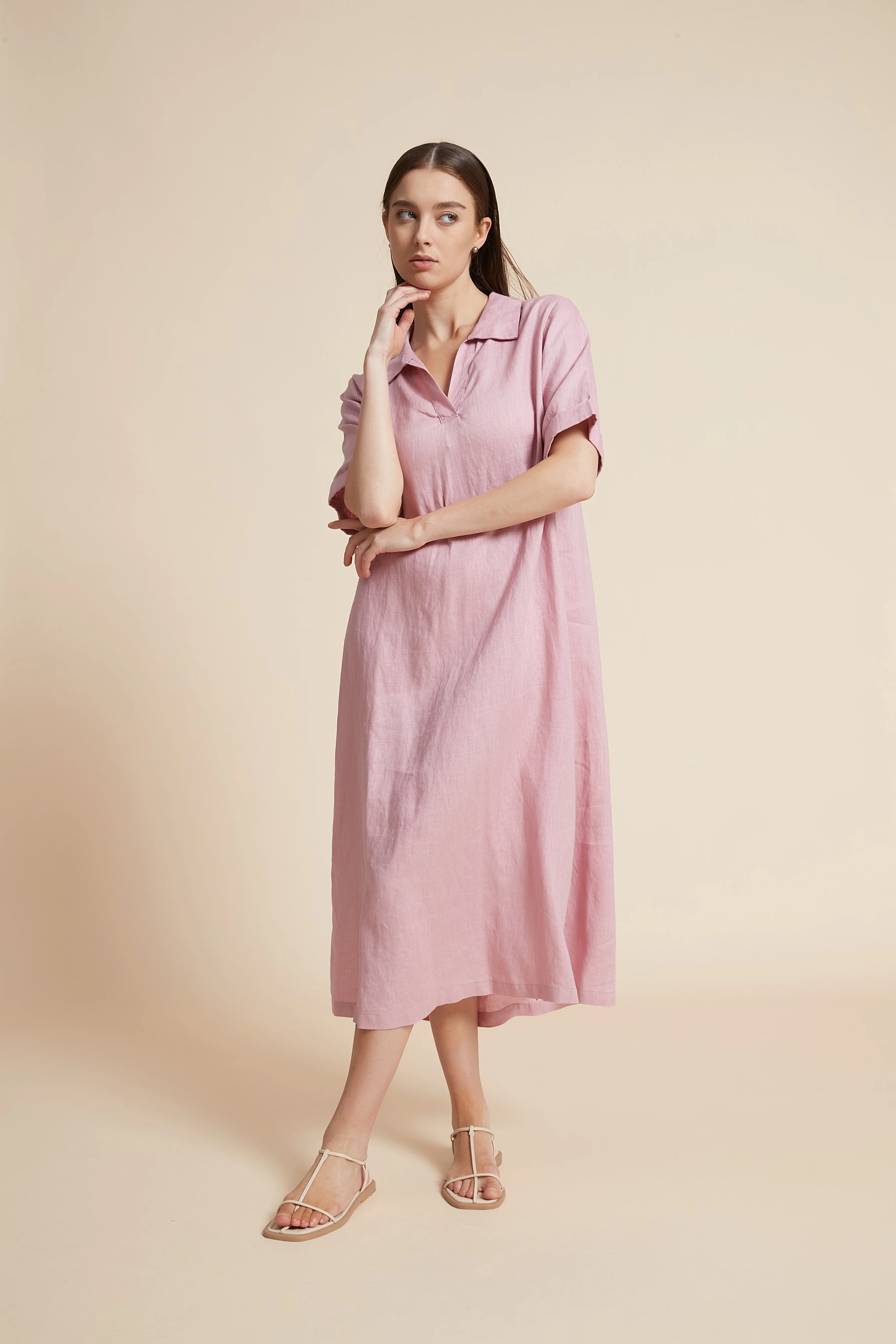 Plain Midi Dress with V-Neckline - Image 8