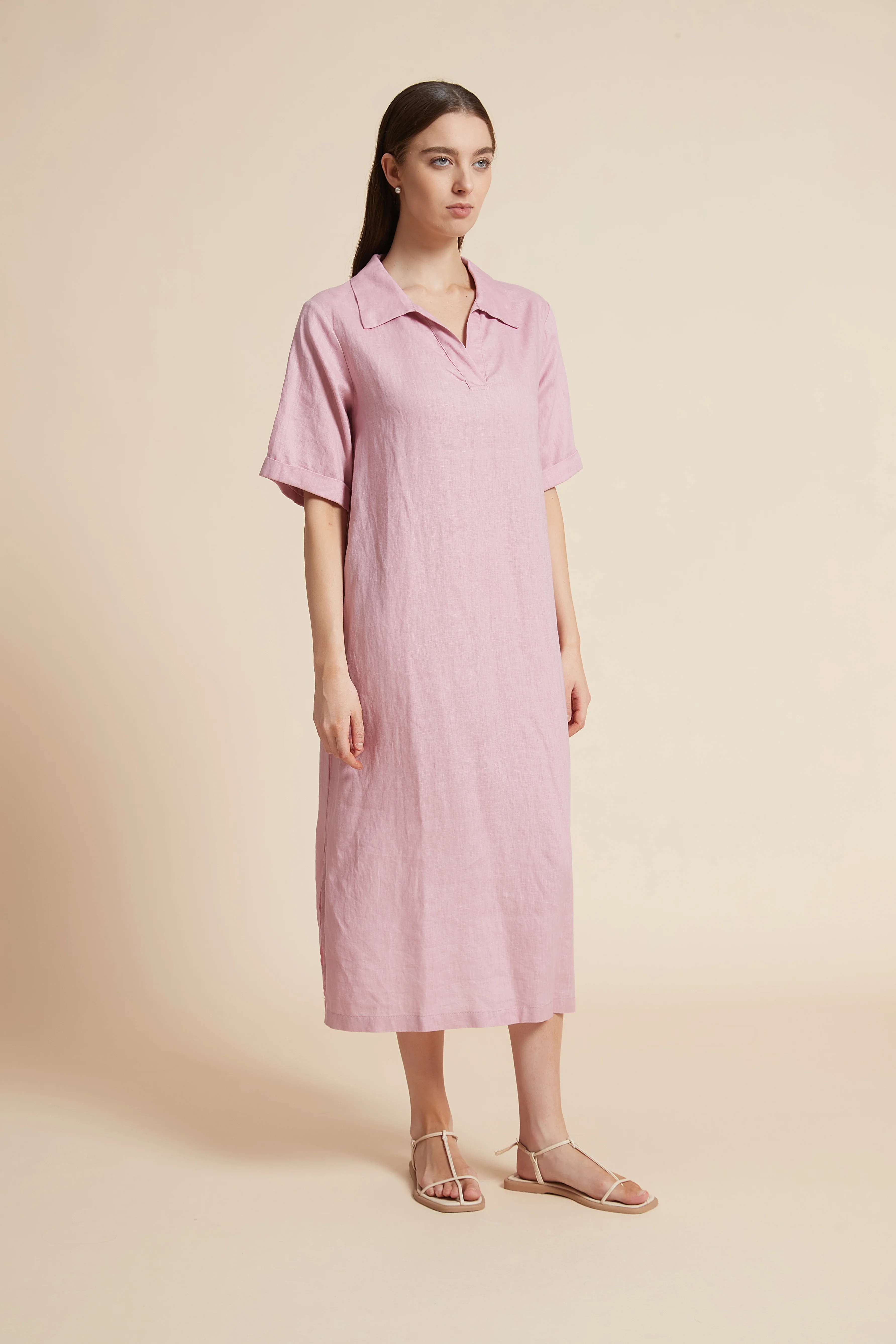 Plain Midi Dress with V-Neckline - Image 9