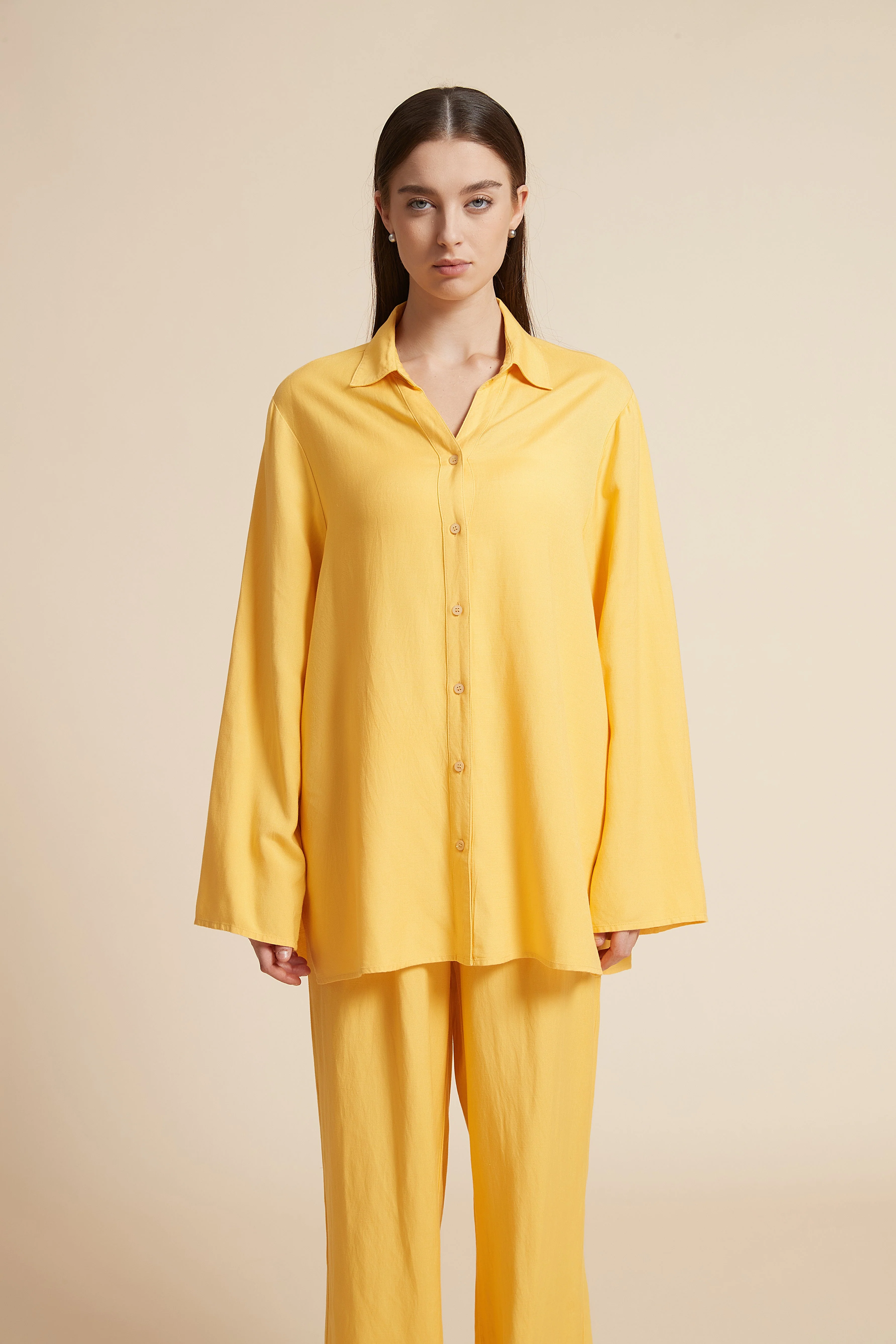 Loose-Fit Long Sleeve Solid Blouse with Front Buttons