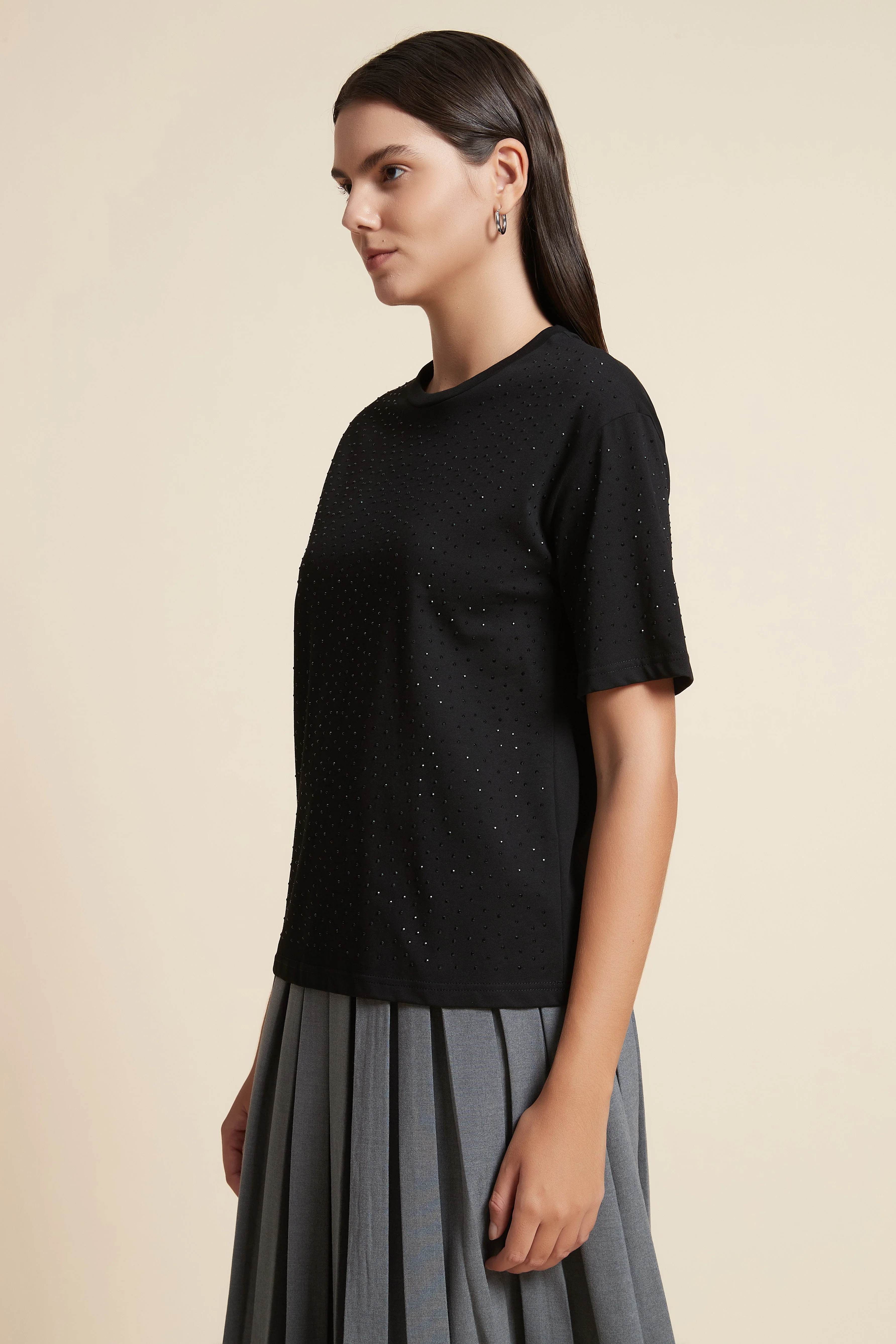 Shiny Half Sleeve Top with Round Neck - Image 3