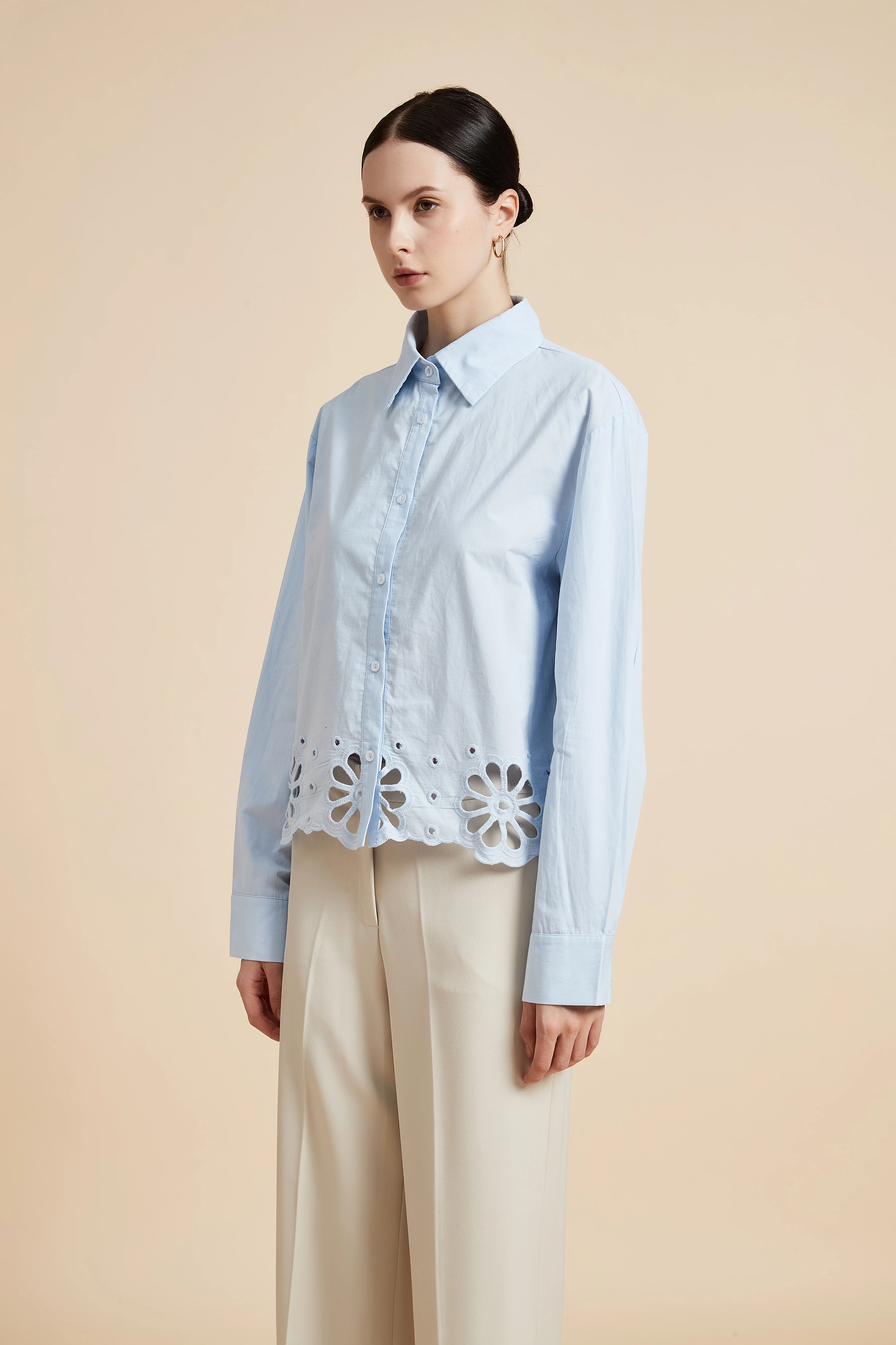 Solid Long Sleeve Blouse with Shirt Collar - Image 2