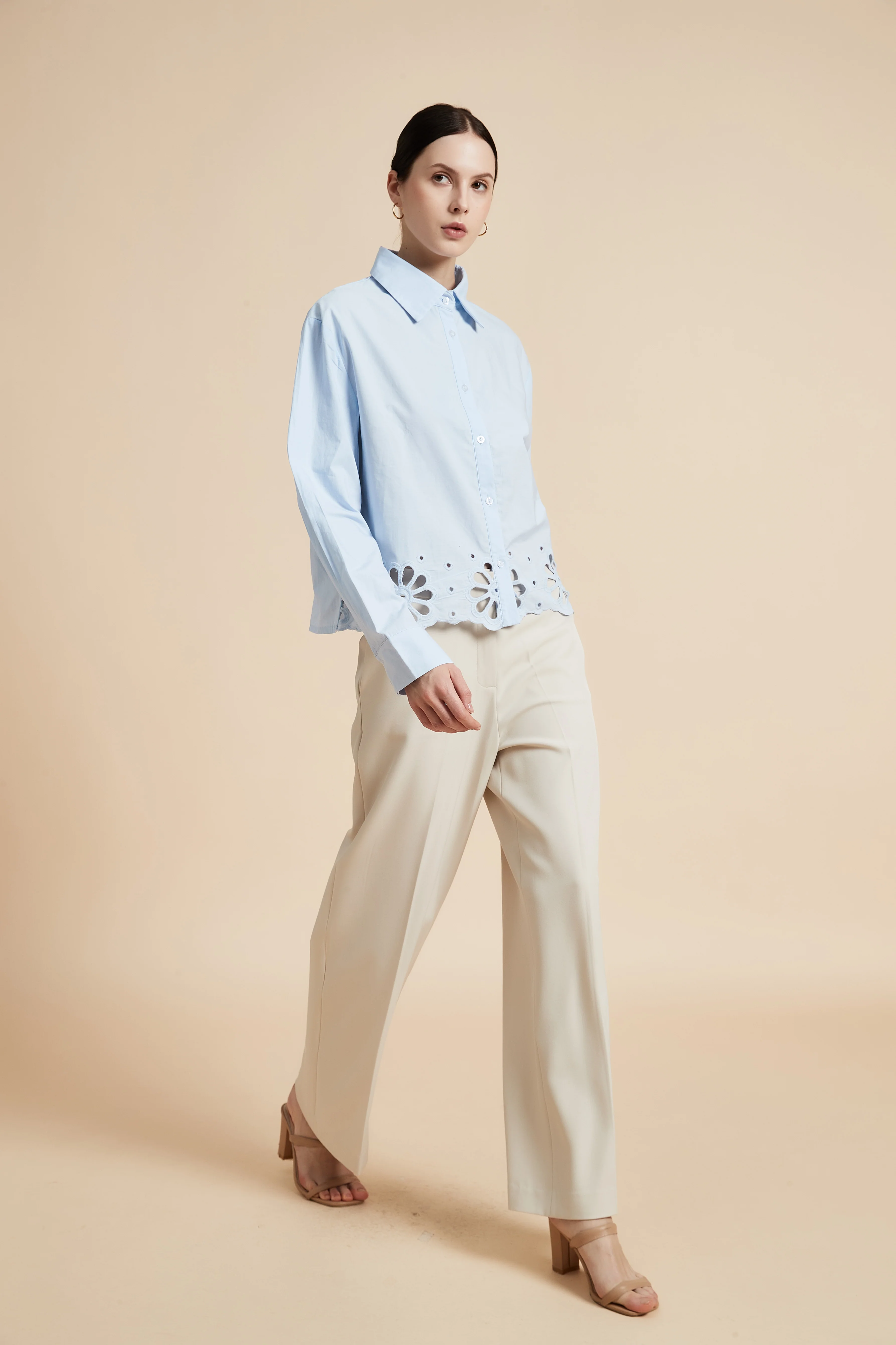 Solid Long Sleeve Blouse with Shirt Collar - Image 3