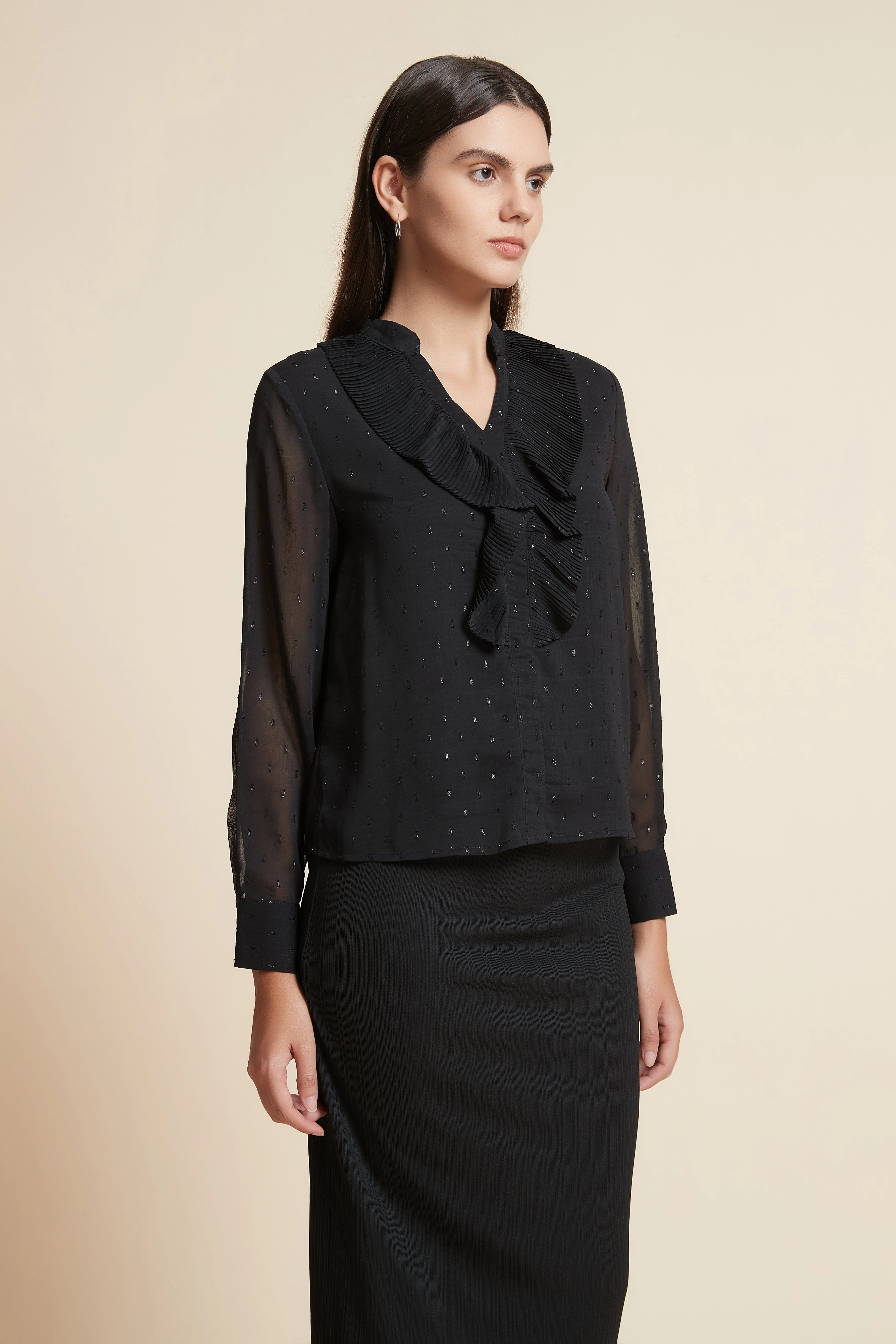 Long Sleeve V-Neck Blouse with Chest Print - Image 3