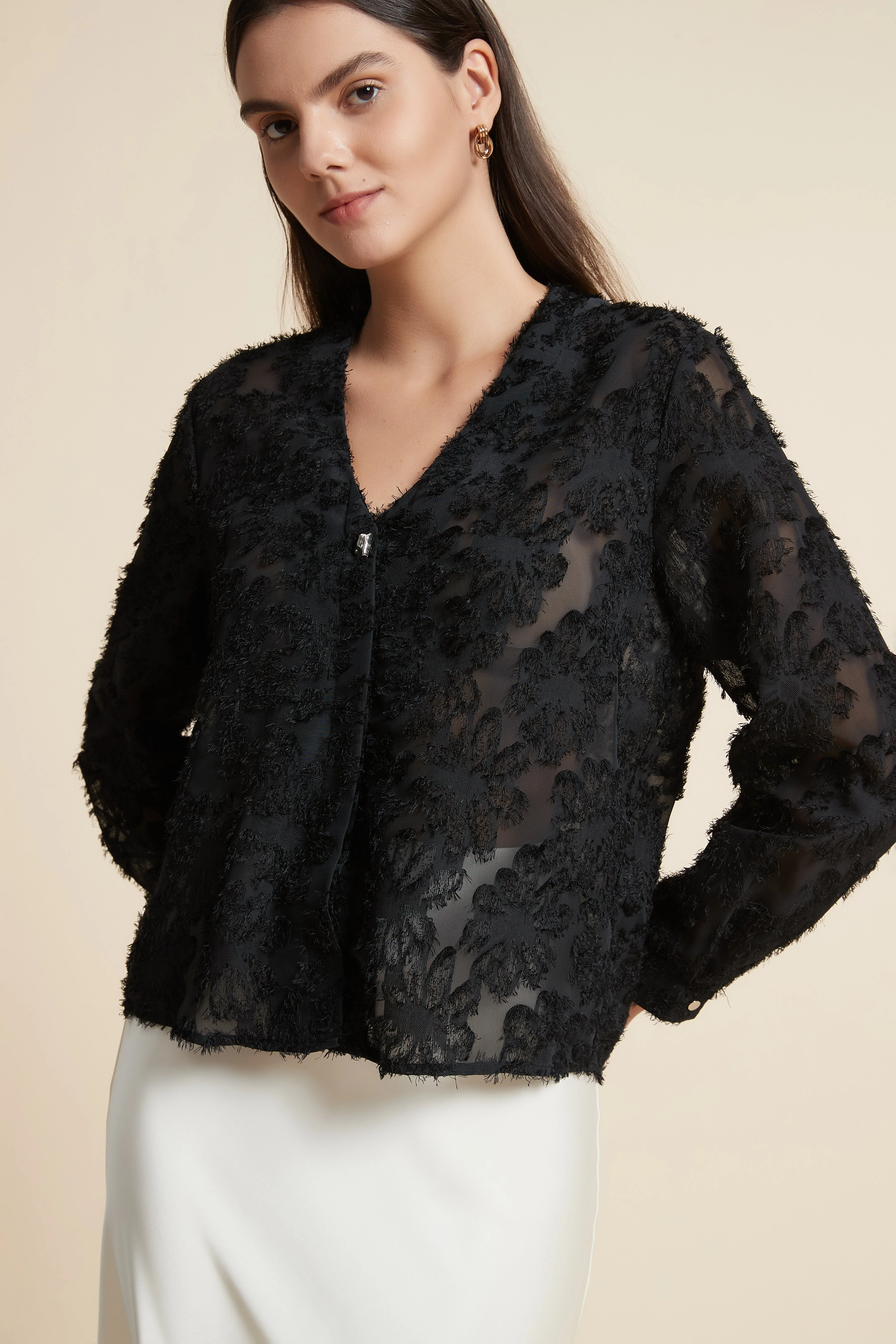 Embroidered Floral Long Sleeve Cropped Blouse - Image 2