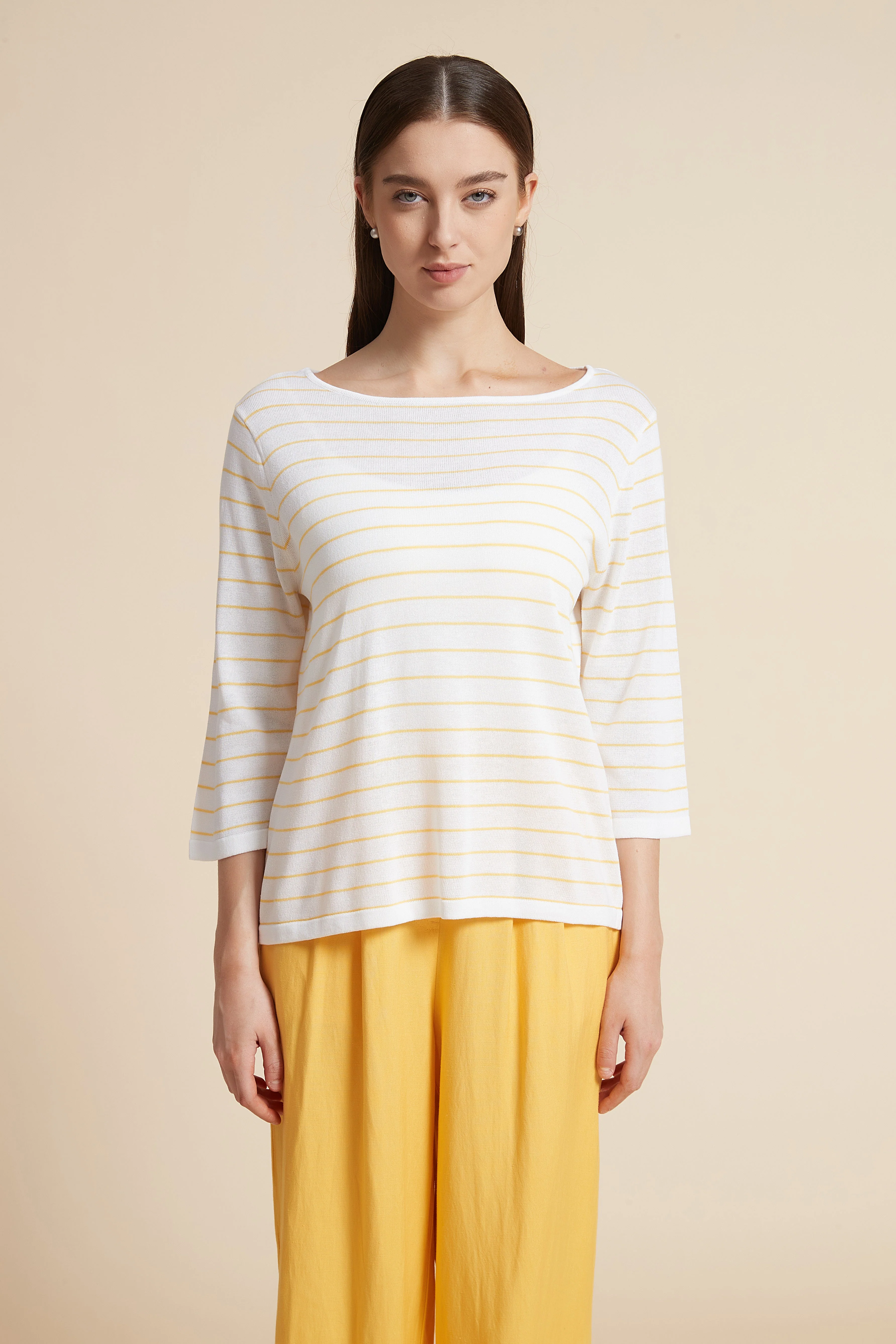 Striped 3/4 Sleeve Boat Neck Blouse - Image 2