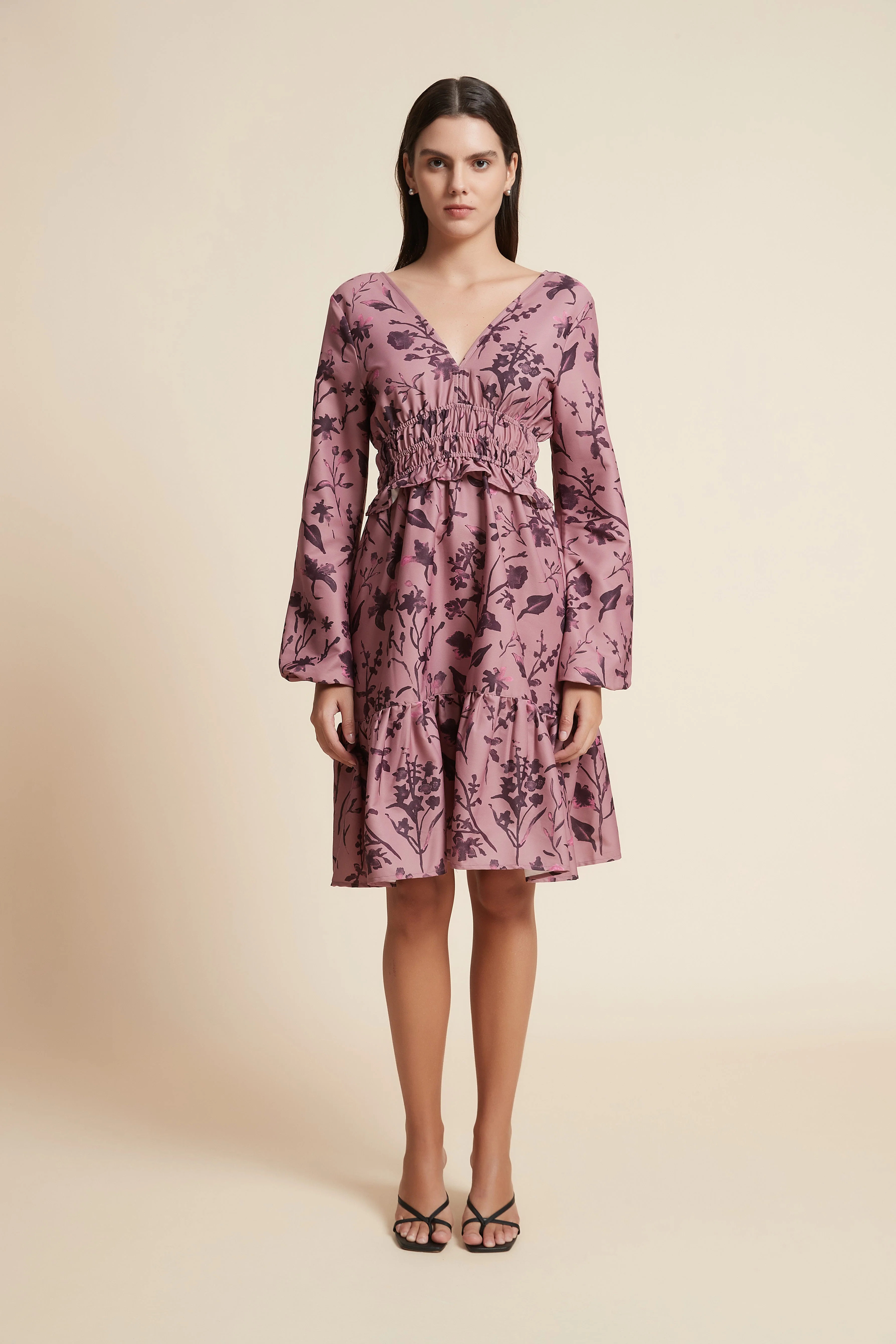 Short Ruffled Dress with Long Sleeves and V-Neck - Image 2