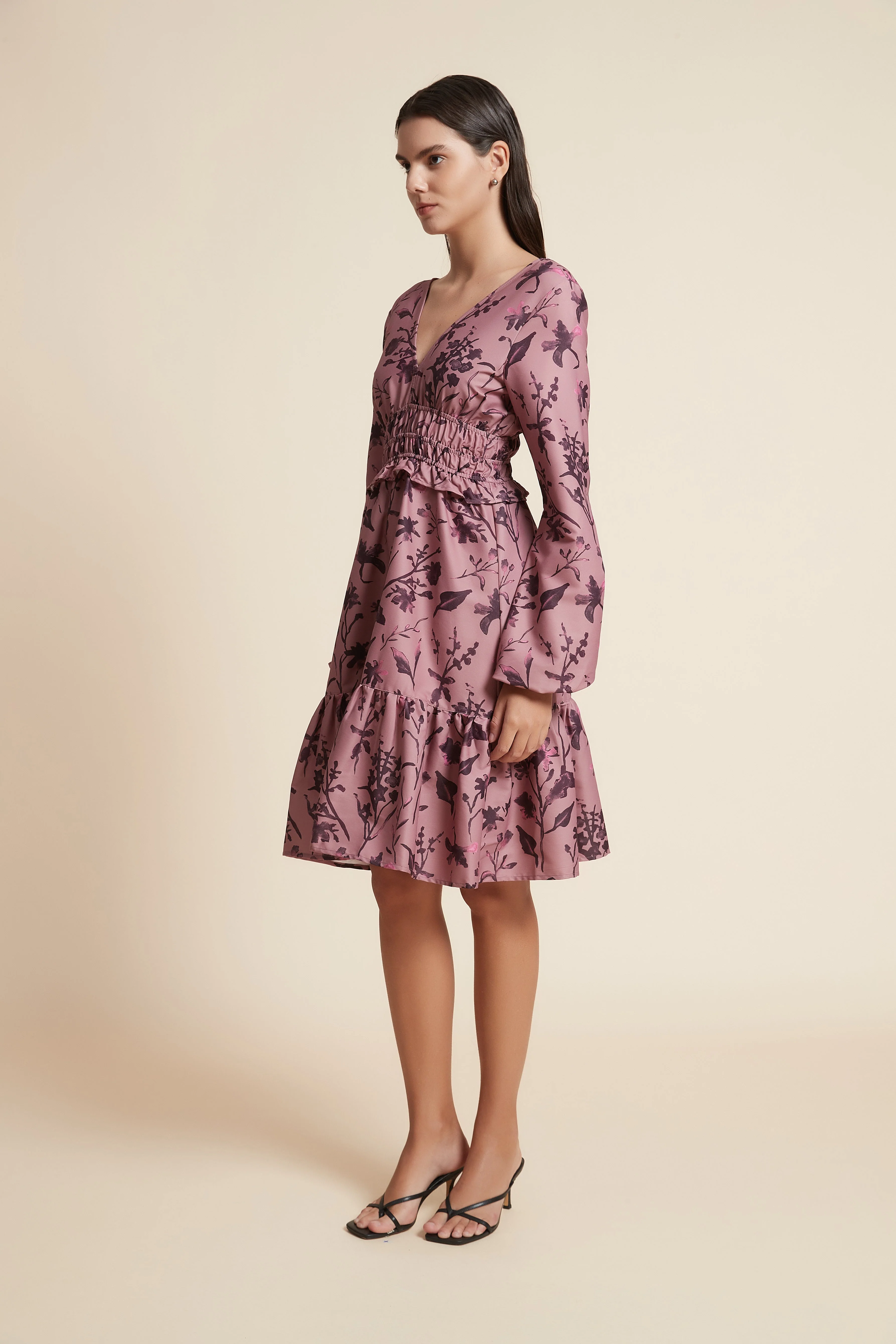 Short Ruffled Dress with Long Sleeves and V-Neck - Image 8