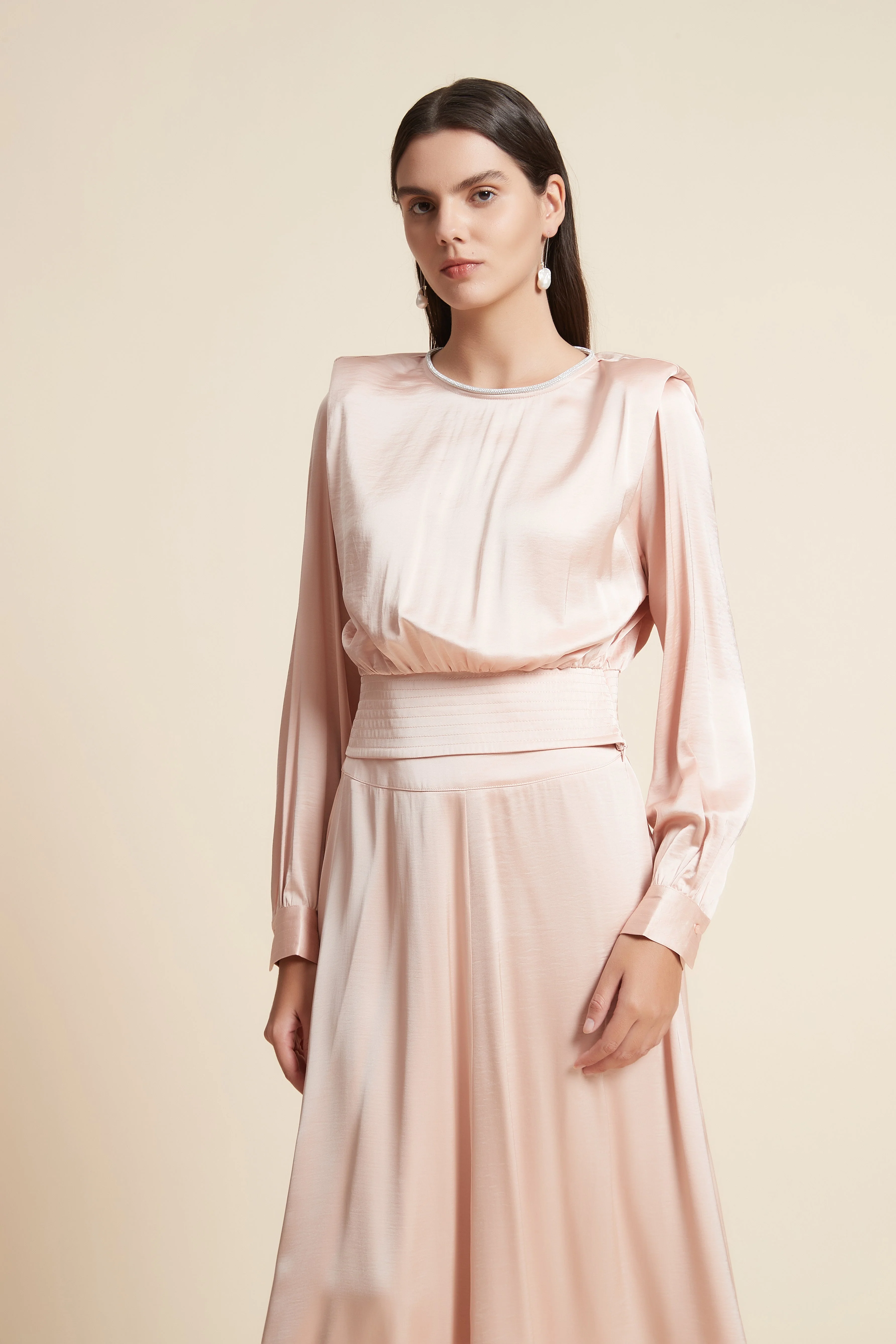 Long Sleeve Satin Blouse with Square Neck