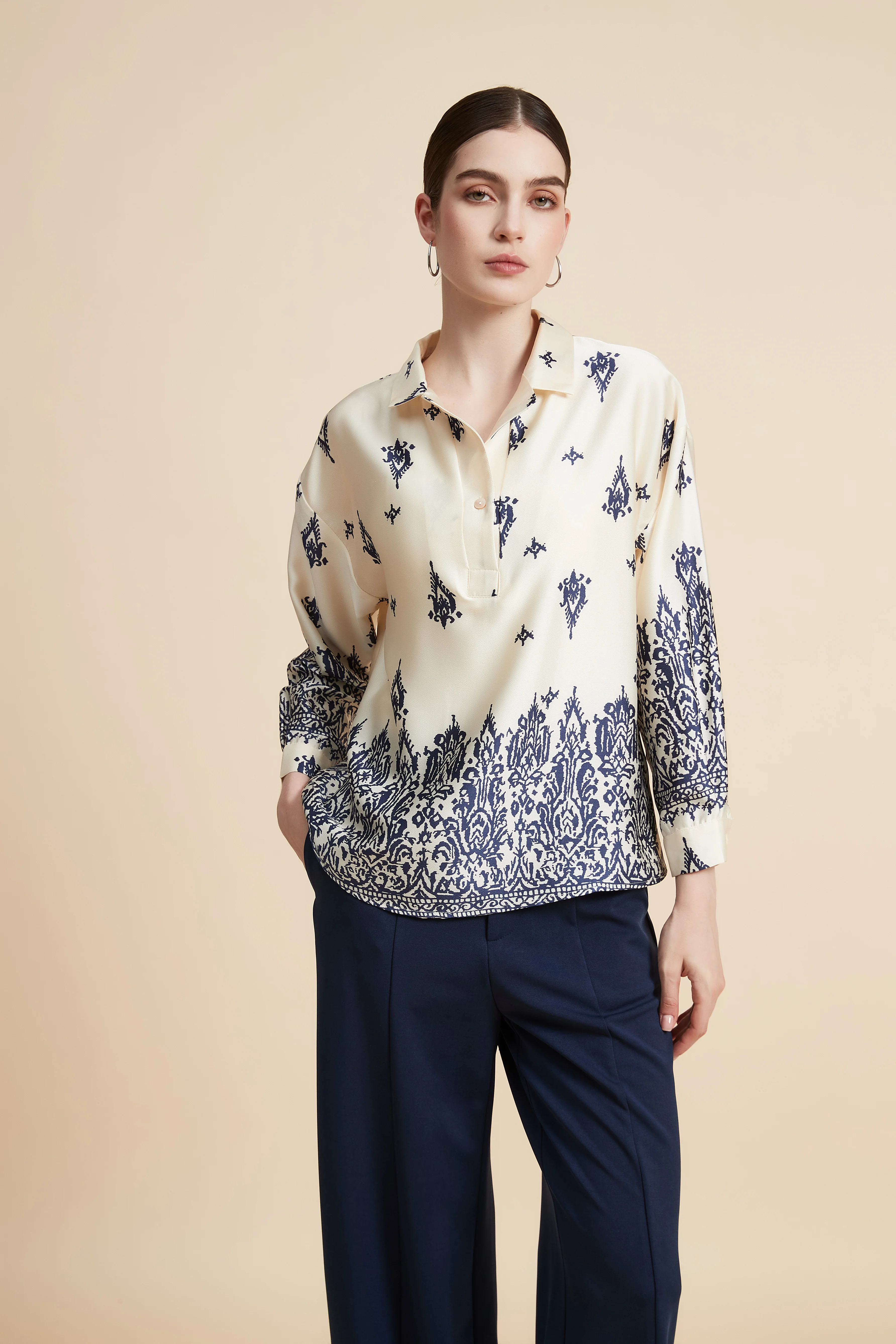 Women's Printed Blouse with Shirt Collar - Image 7