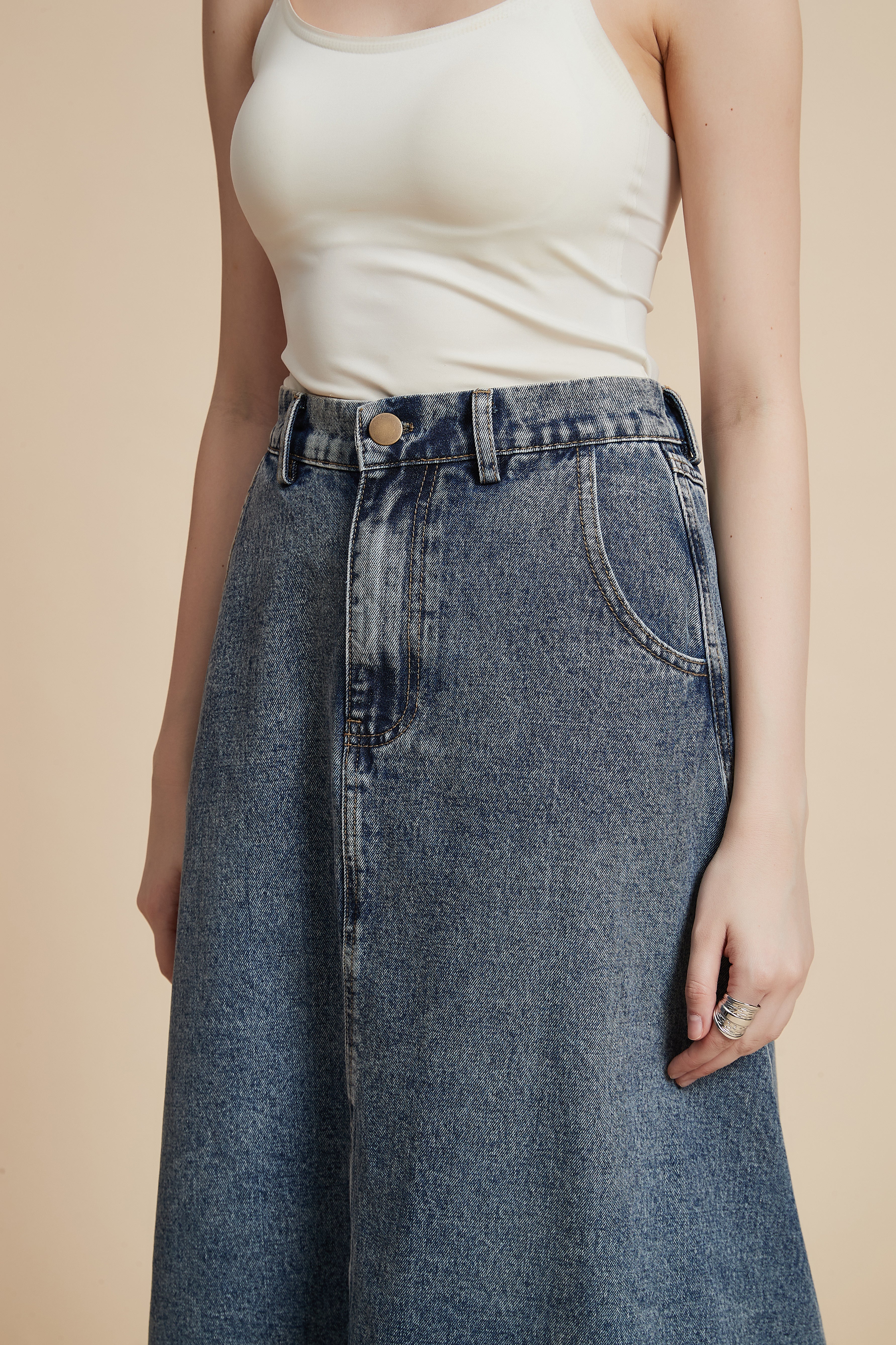 Solid Midi Denim Skirt - Image 12