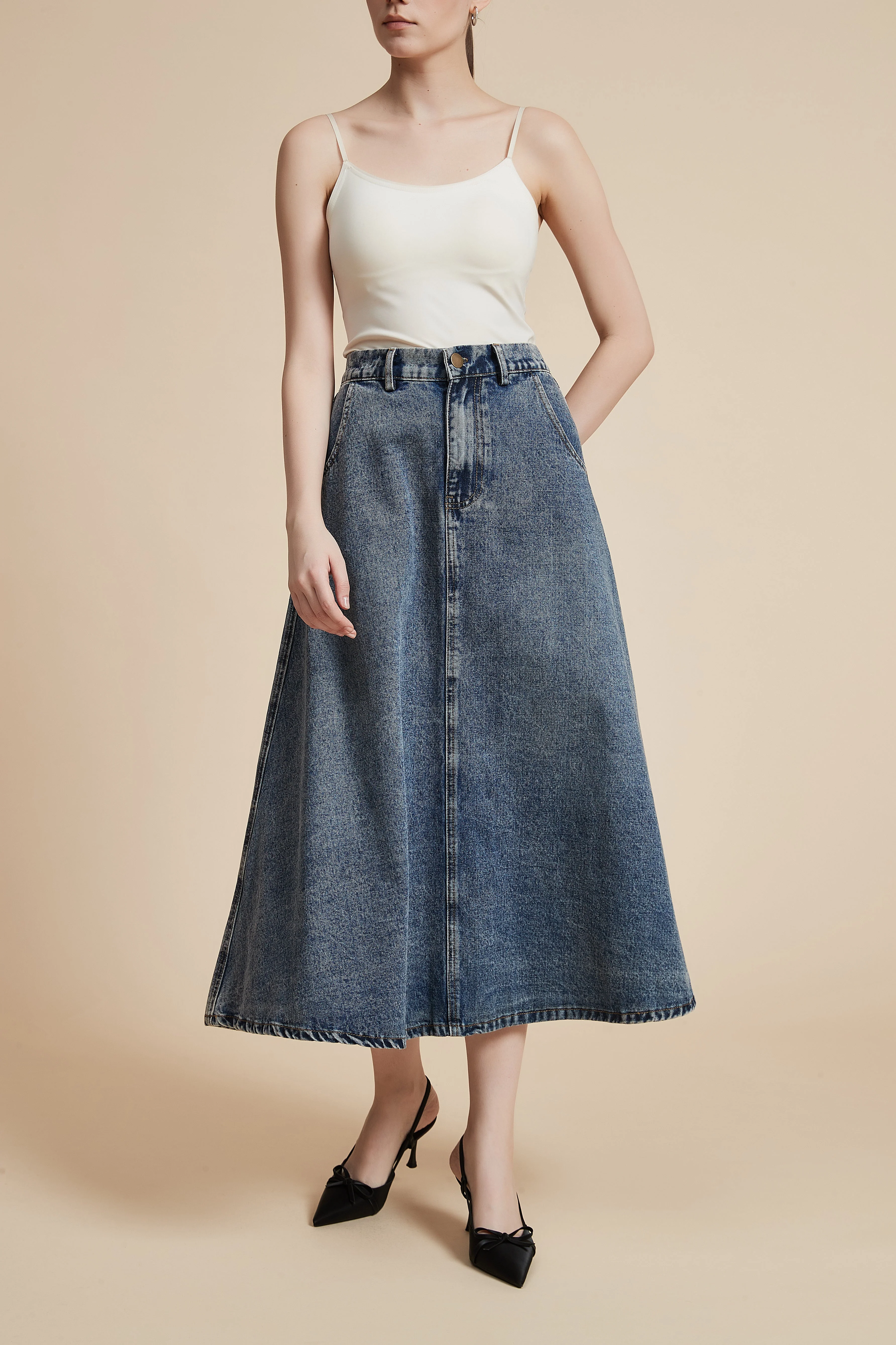 Solid Midi Denim Skirt - Image 14