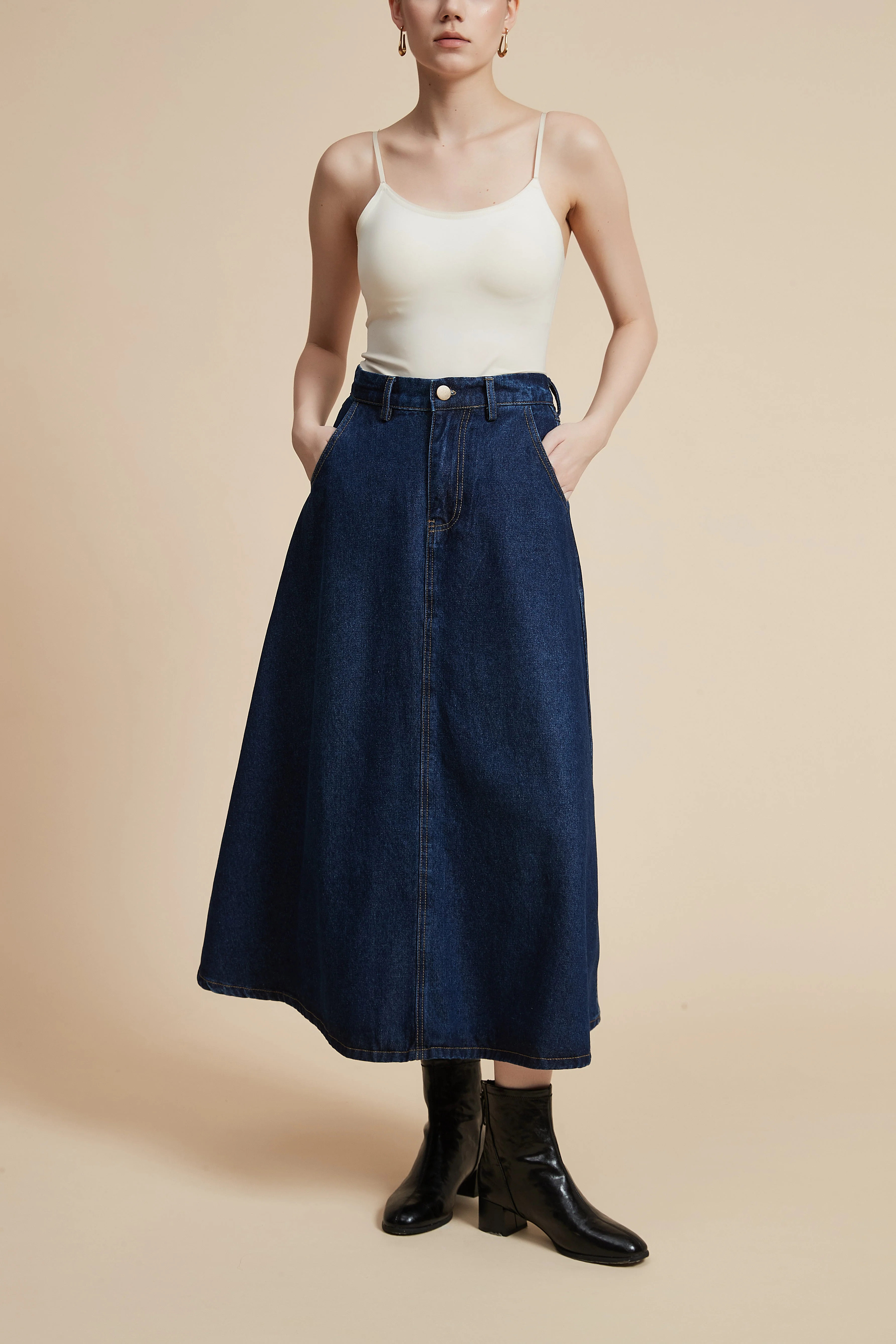 Solid Midi Denim Skirt - Image 2