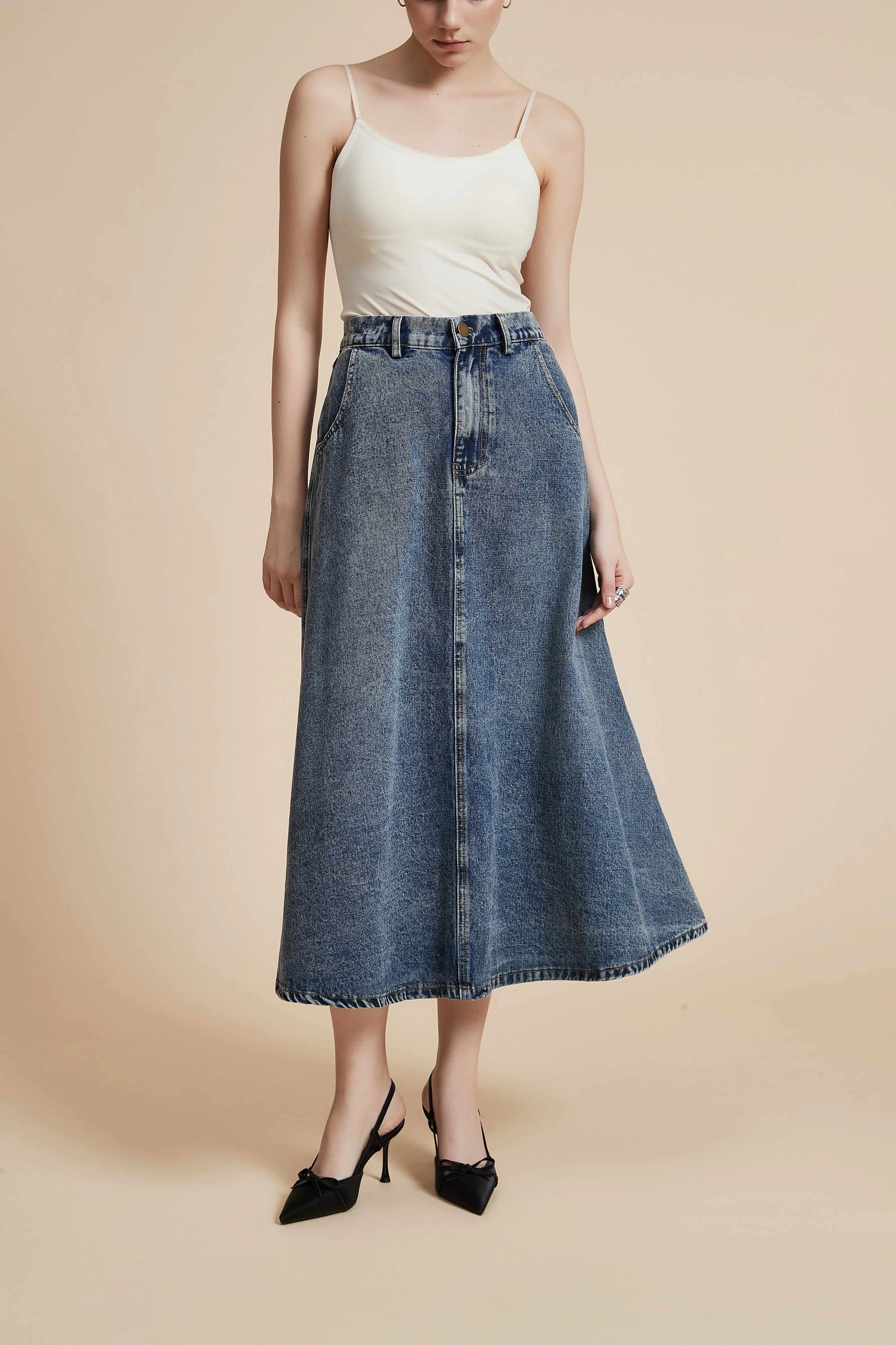 Solid Midi Denim Skirt - Image 9