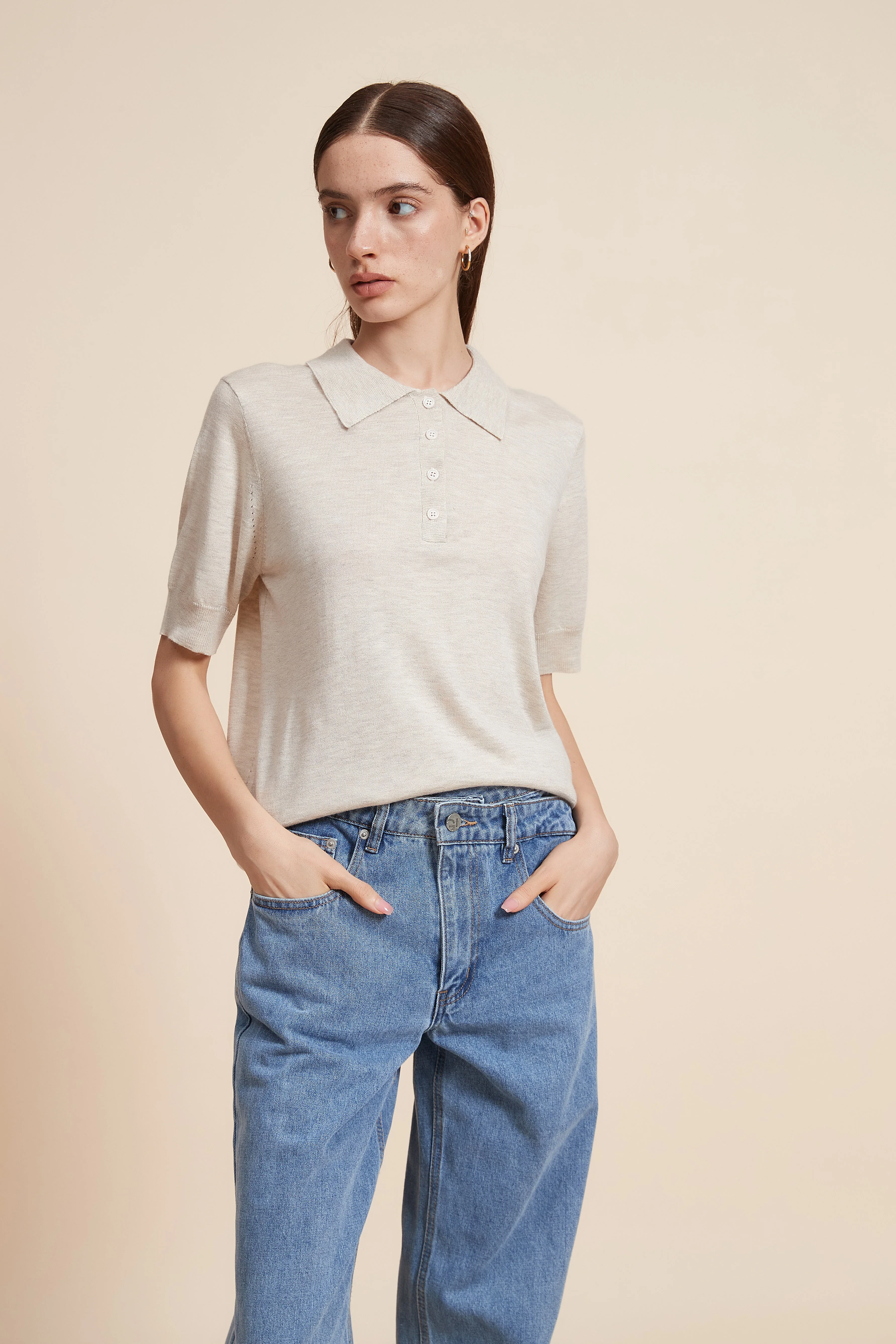 Plain Half Sleeve Blouse With Polo Collar - Image 3