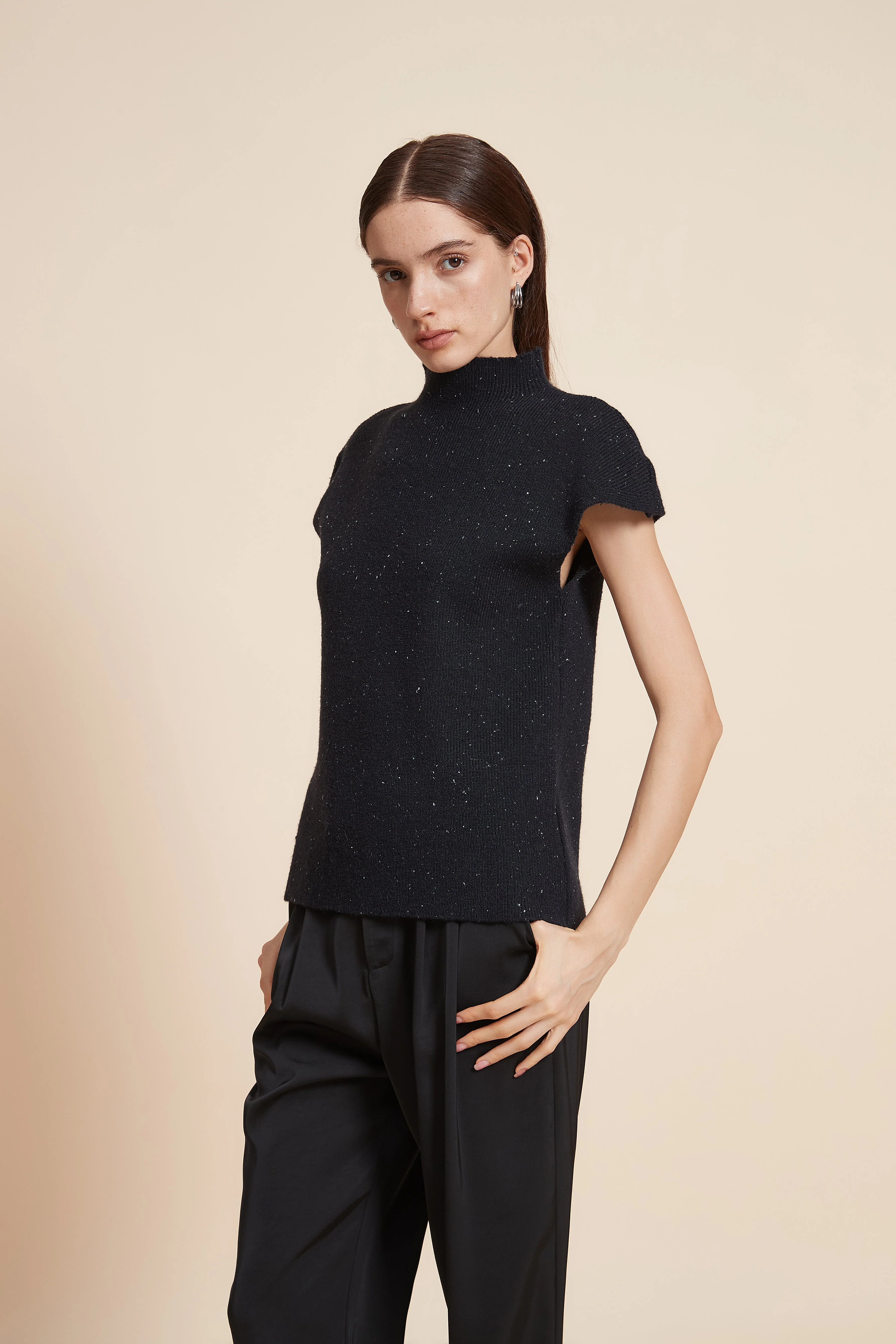 Plain High Neck Short Sleeve Sweater - Image 3