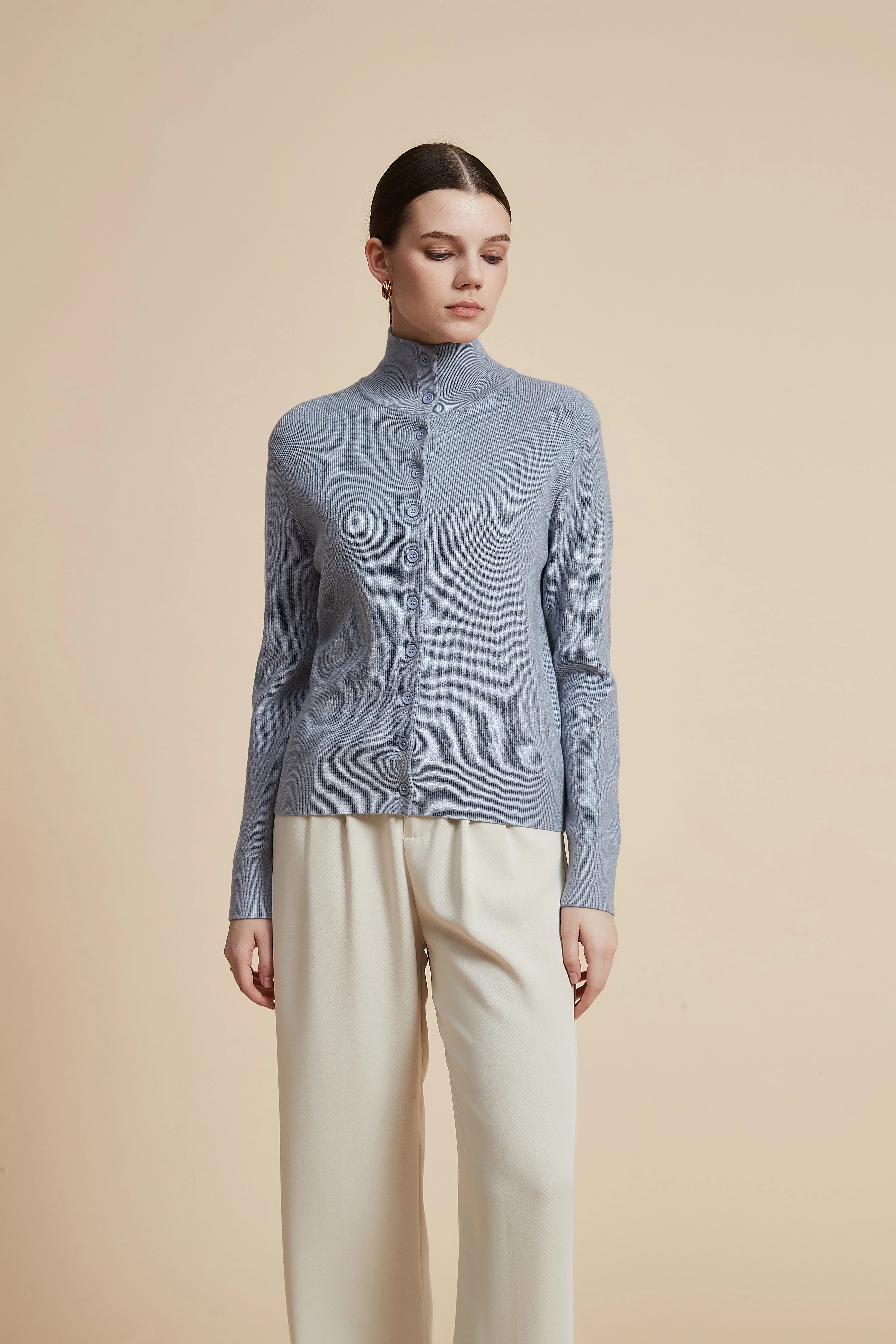 High Neck Long Sleeve Solid Sweater with Front Buttons - Image 11