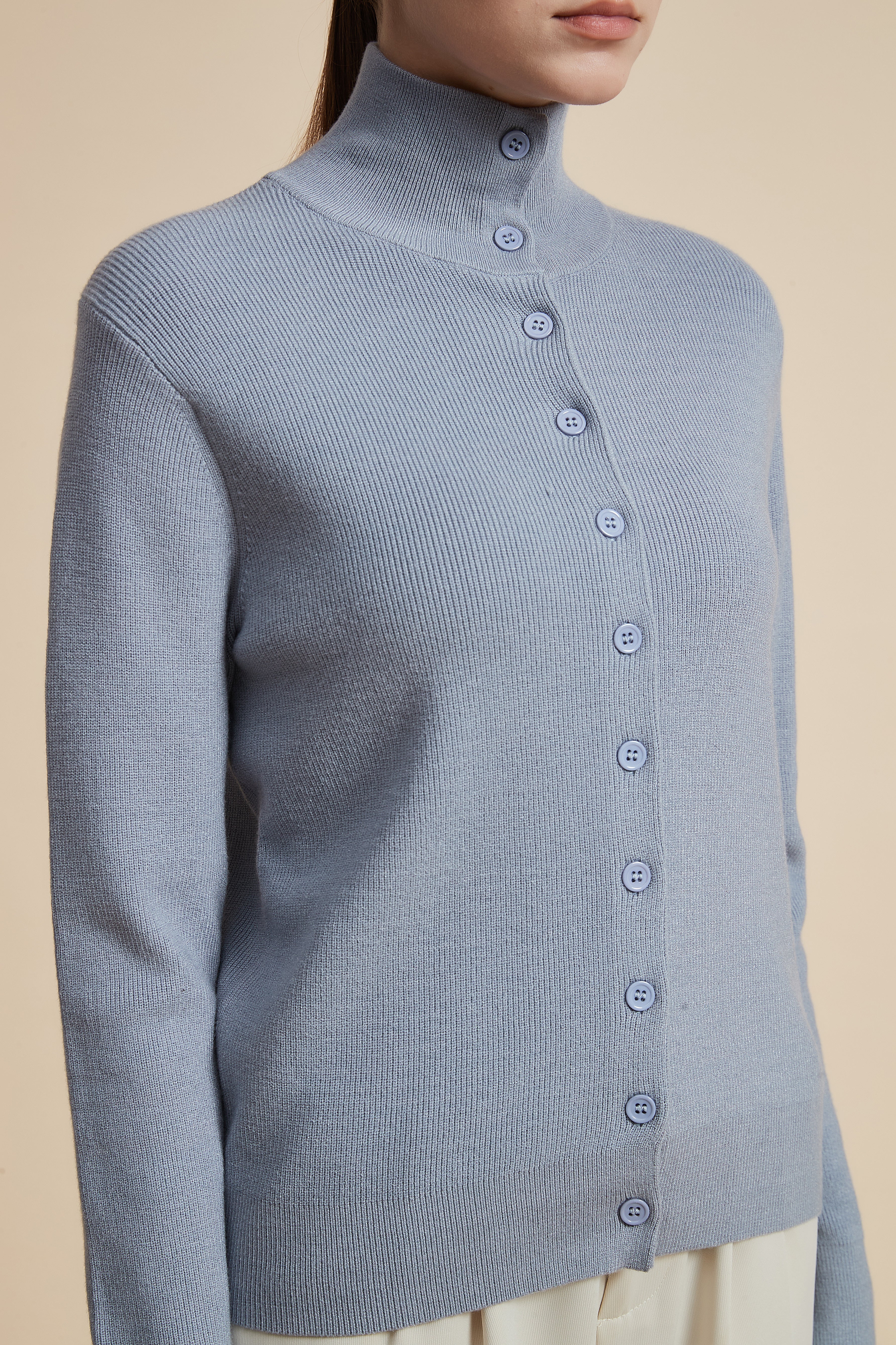 High Neck Long Sleeve Solid Sweater with Front Buttons - Image 13