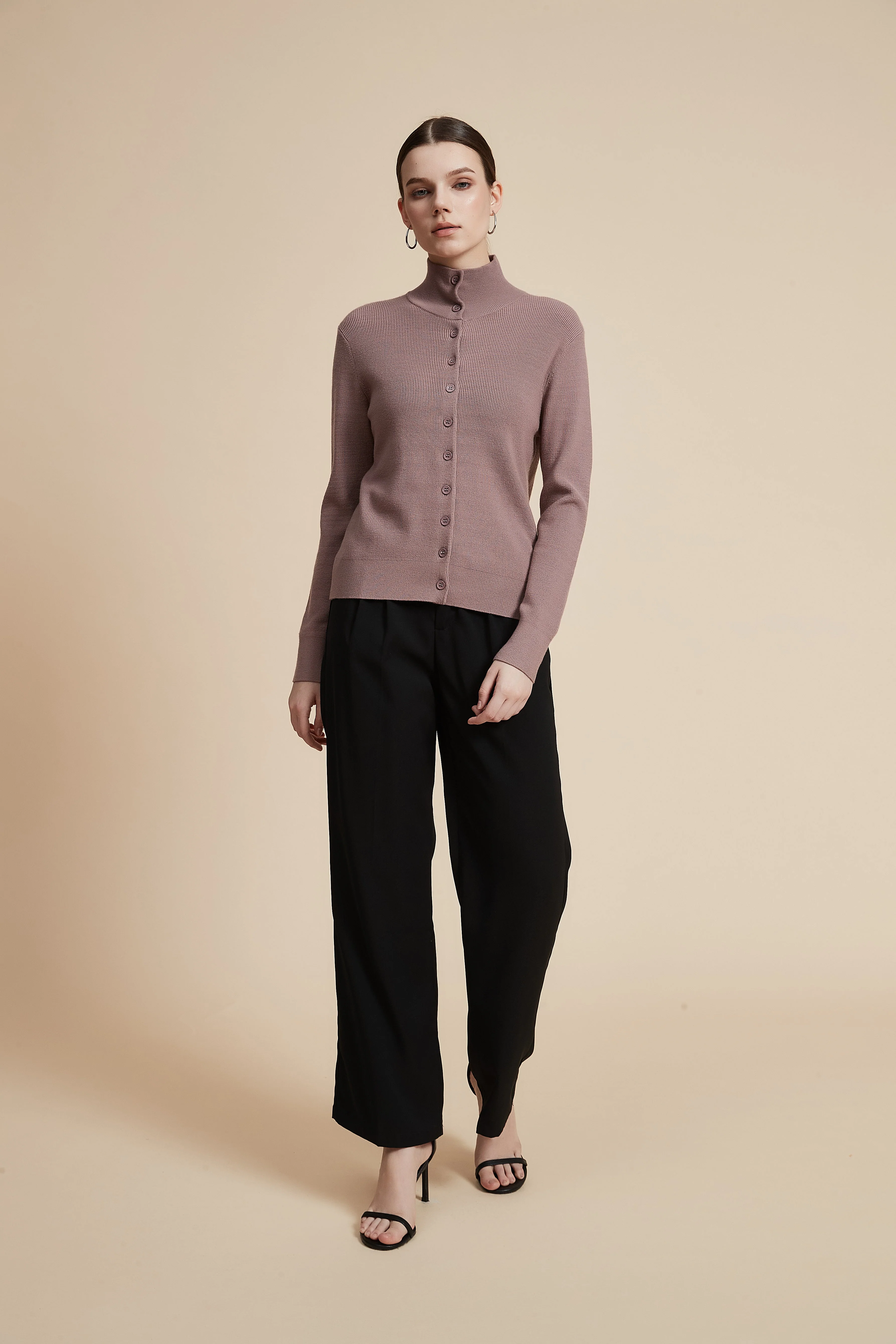 High Neck Long Sleeve Solid Sweater with Front Buttons - Image 18