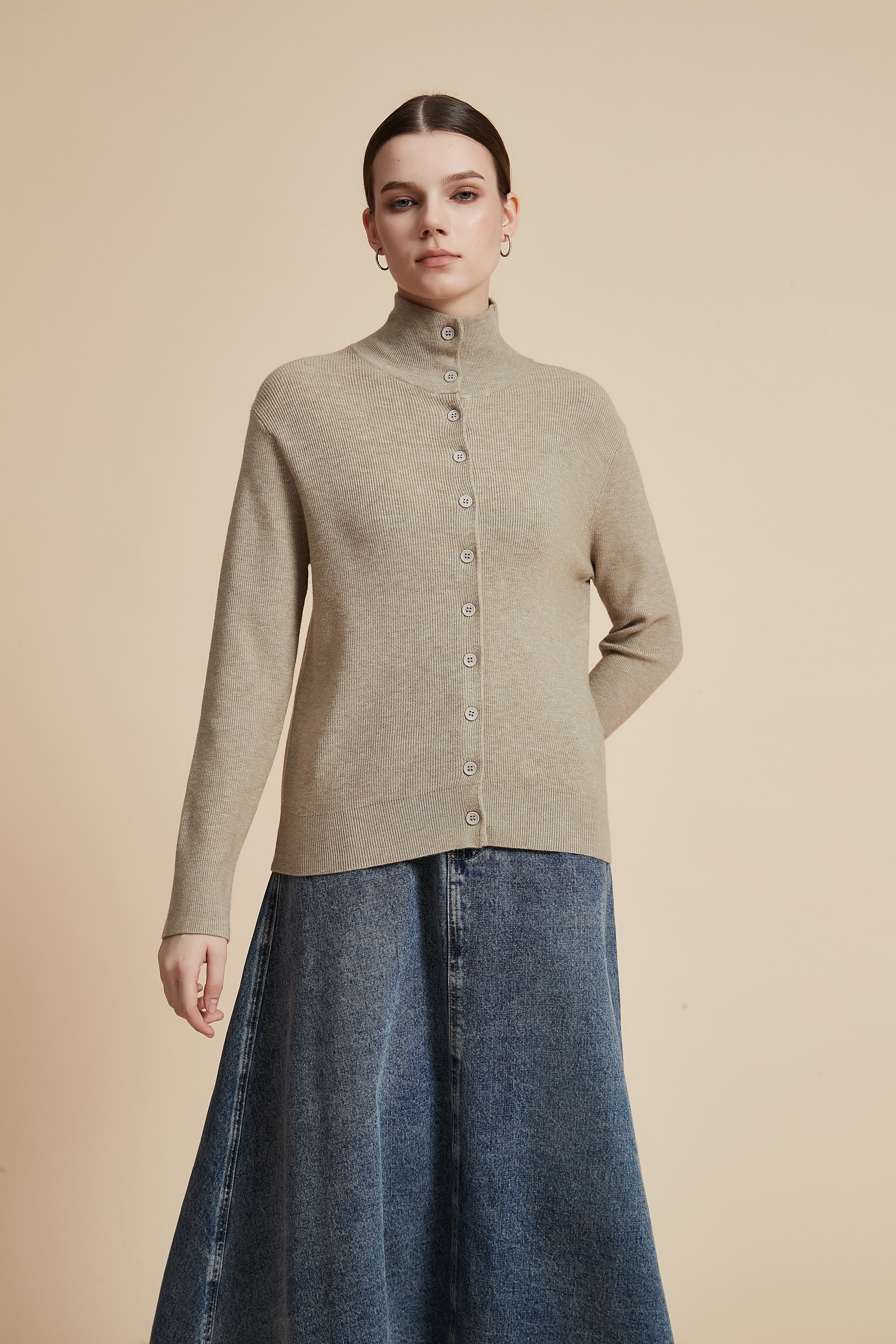 High Neck Long Sleeve Solid Sweater with Front Buttons - Image 3