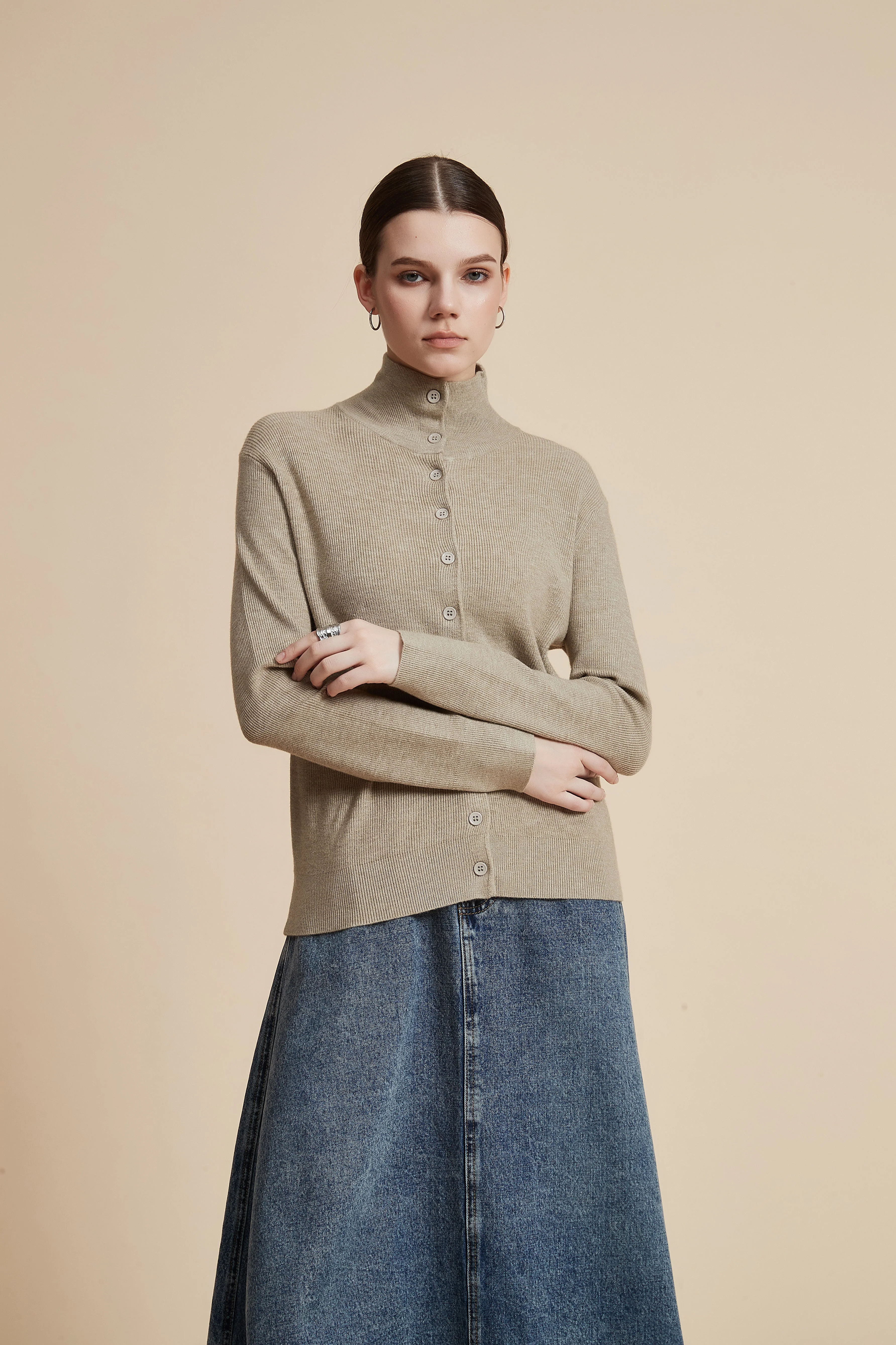 High Neck Long Sleeve Solid Sweater with Front Buttons - Image 4