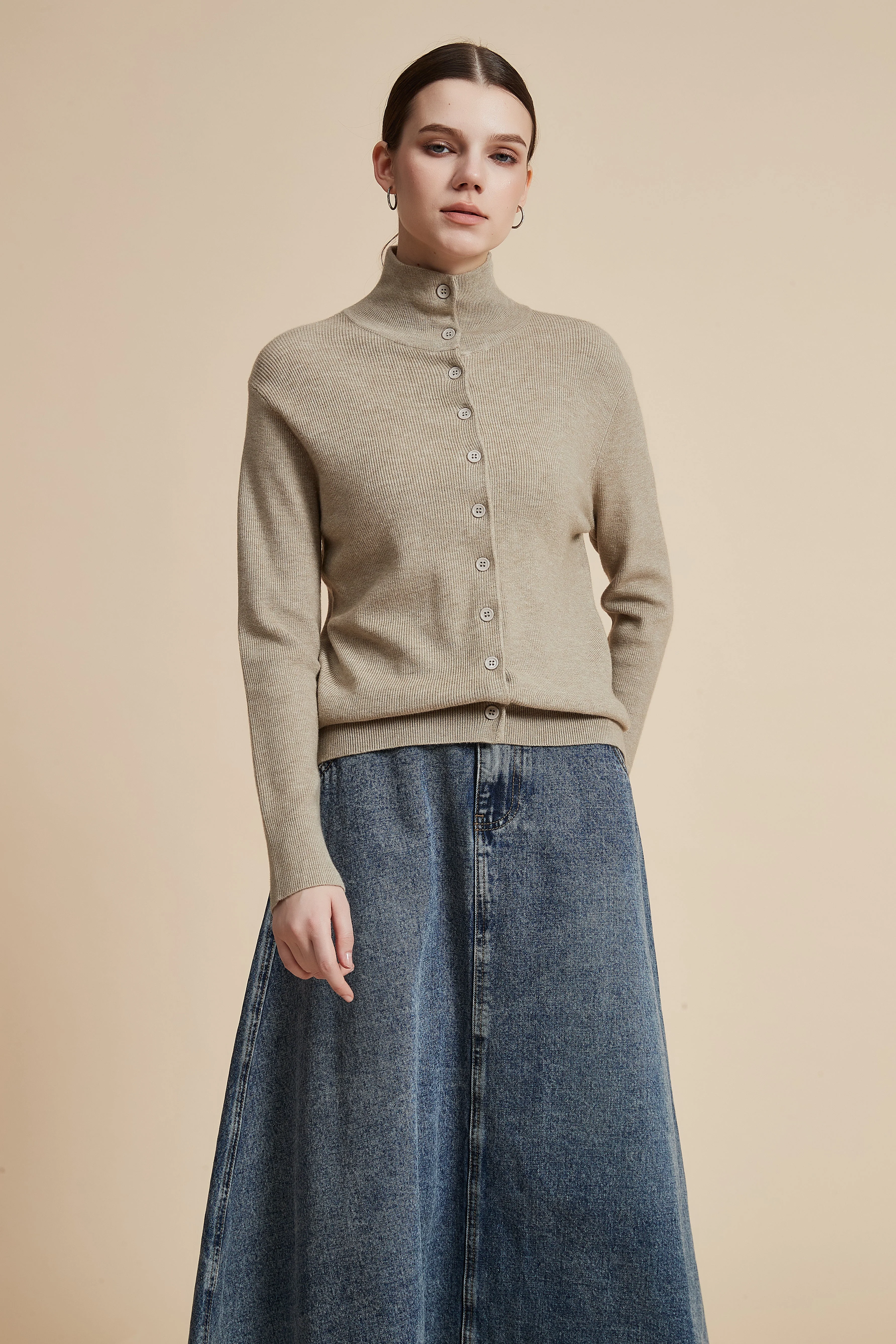 High Neck Long Sleeve Solid Sweater with Front Buttons - Image 7