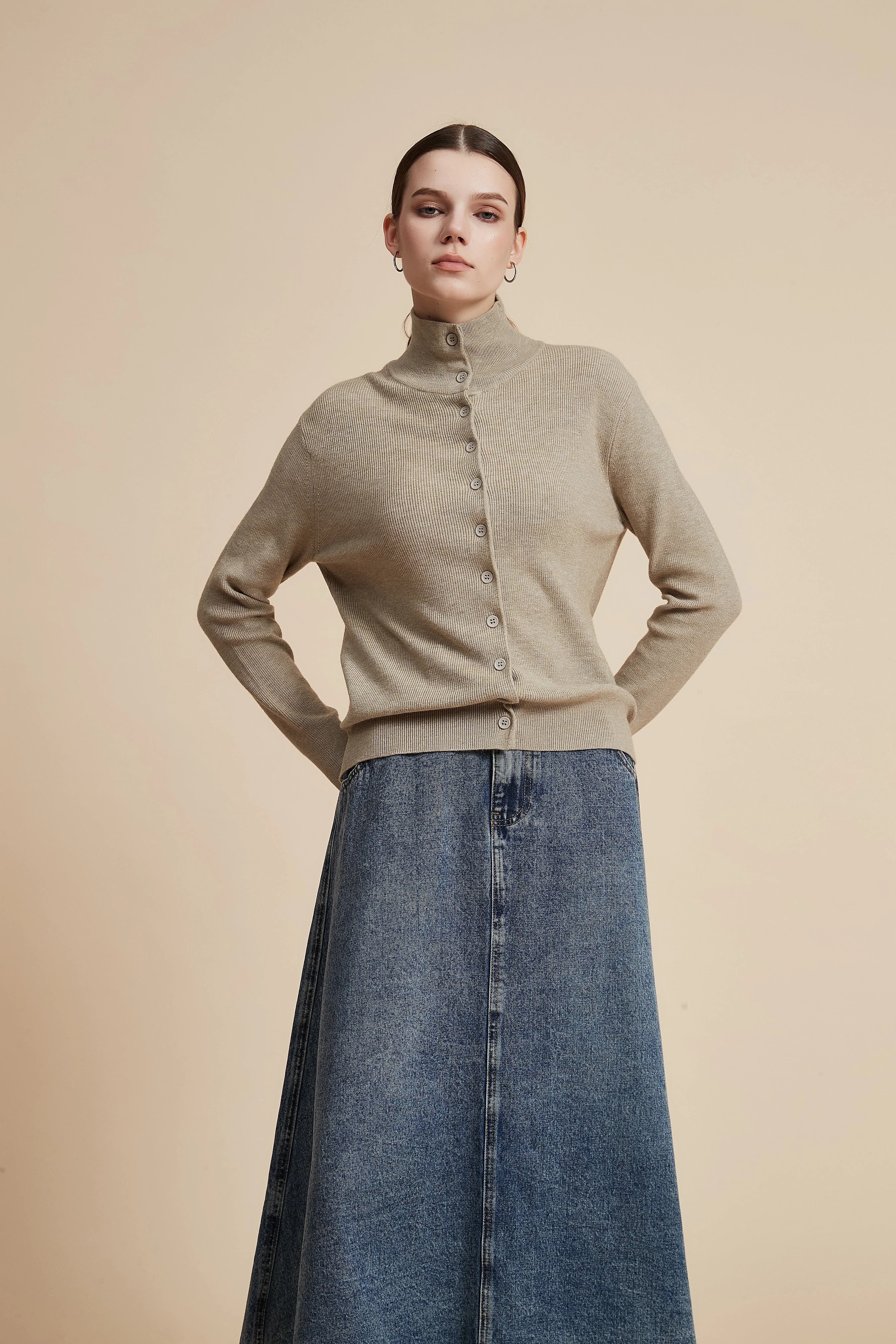 High Neck Long Sleeve Solid Sweater with Front Buttons - Image 8