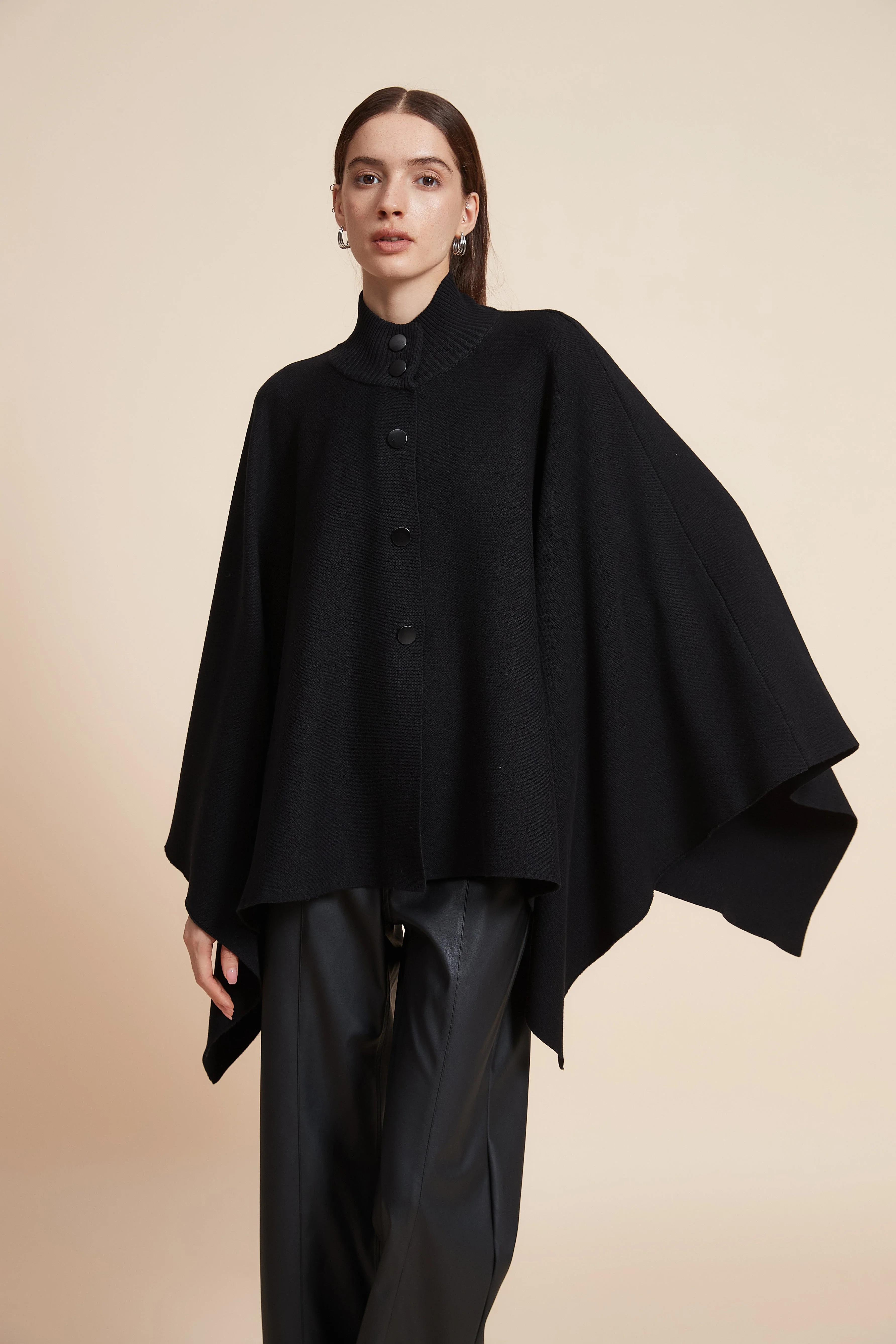 Plain Long Sleeve Poncho With Buttons