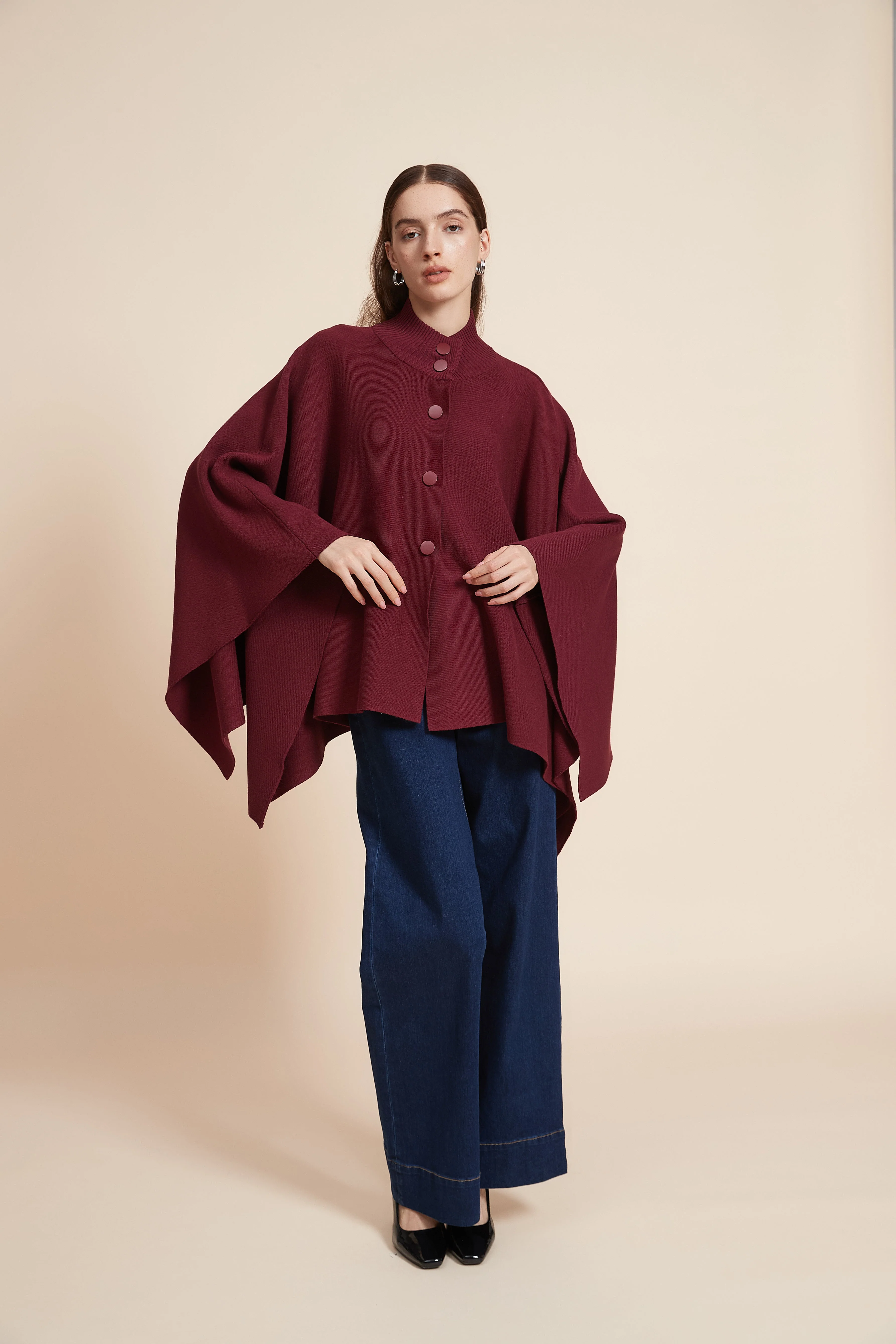 Plain Long Sleeve Poncho With Buttons - Image 10