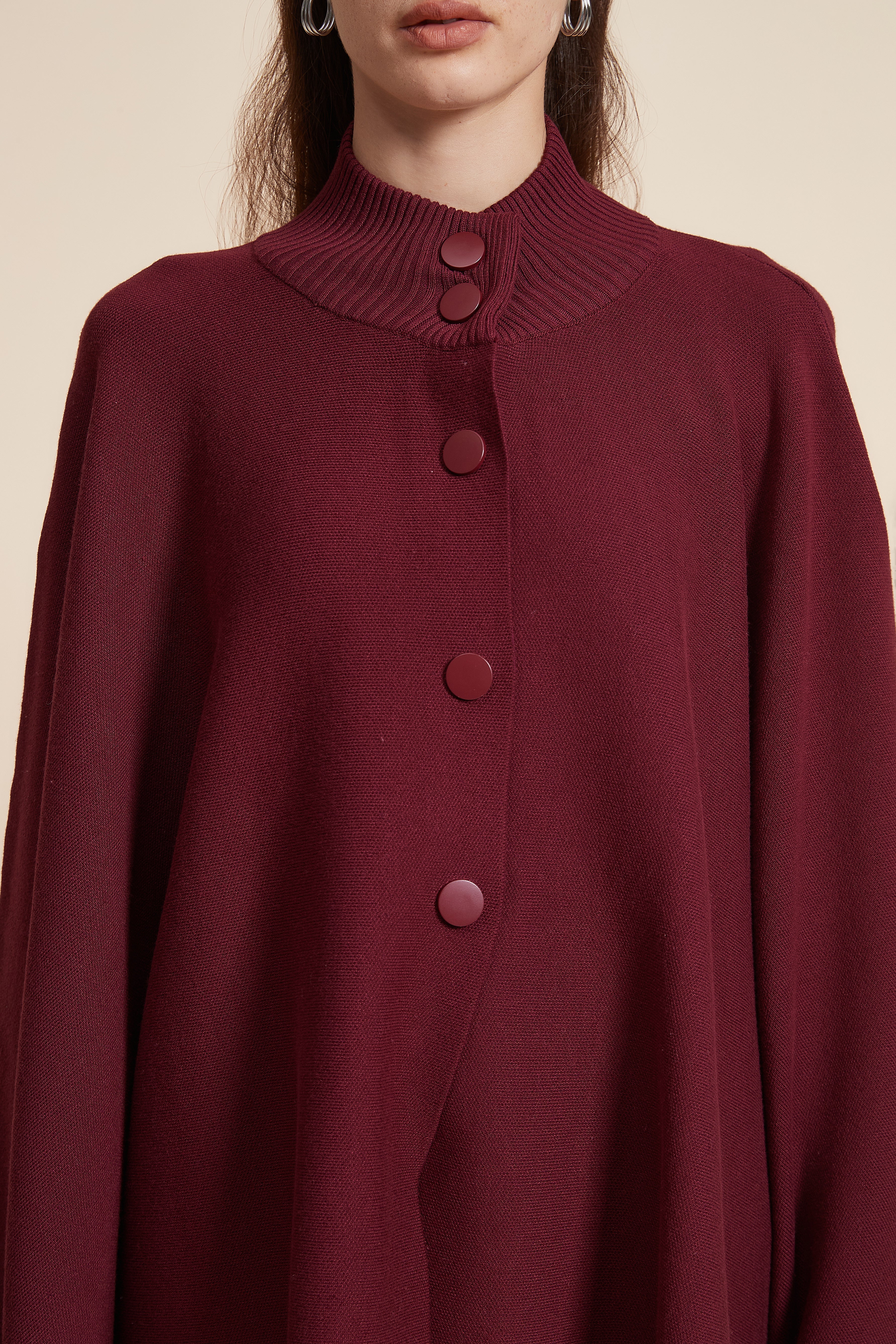 Plain Long Sleeve Poncho With Buttons - Image 11