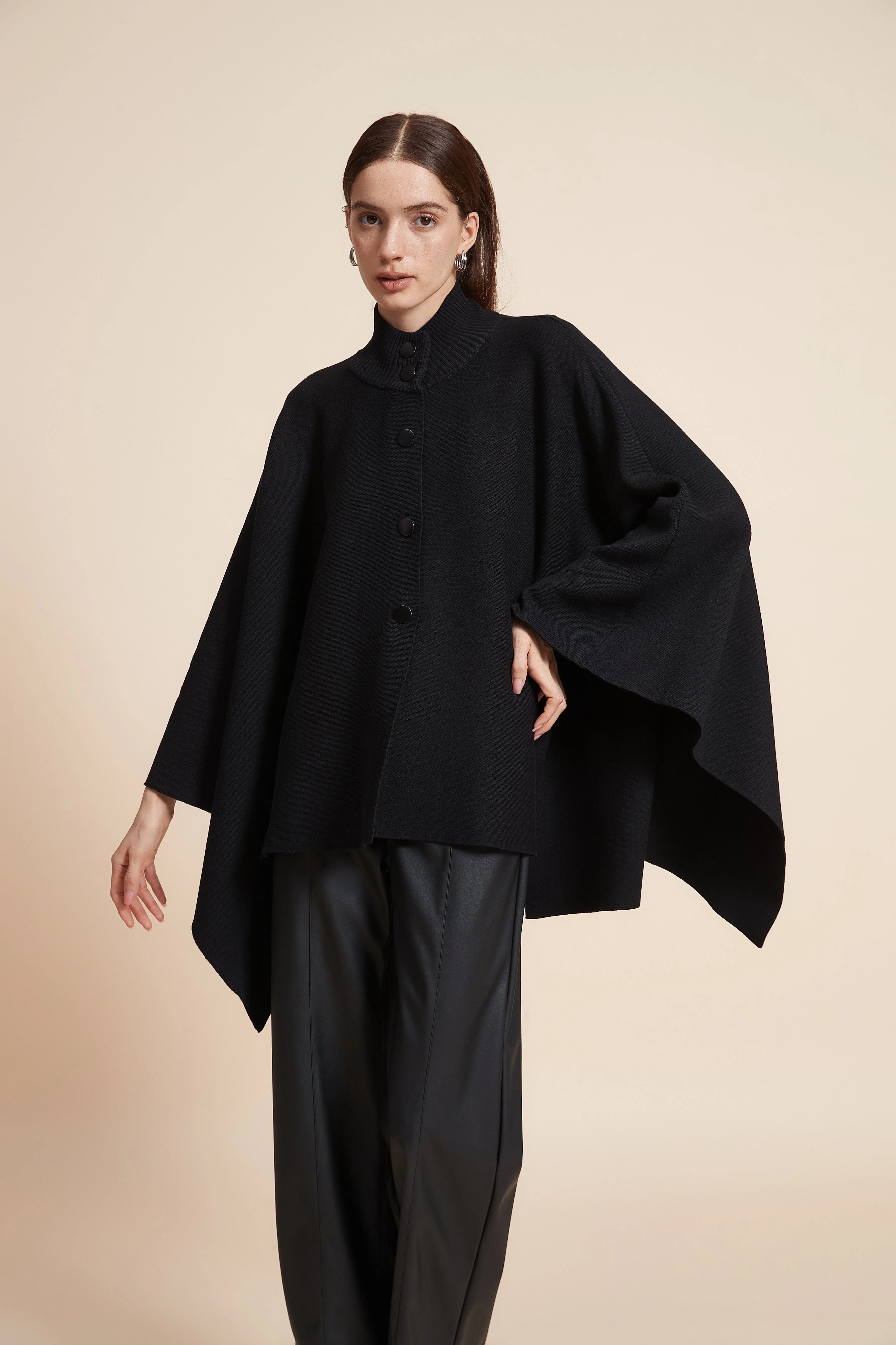 Plain Long Sleeve Poncho With Buttons - Image 2