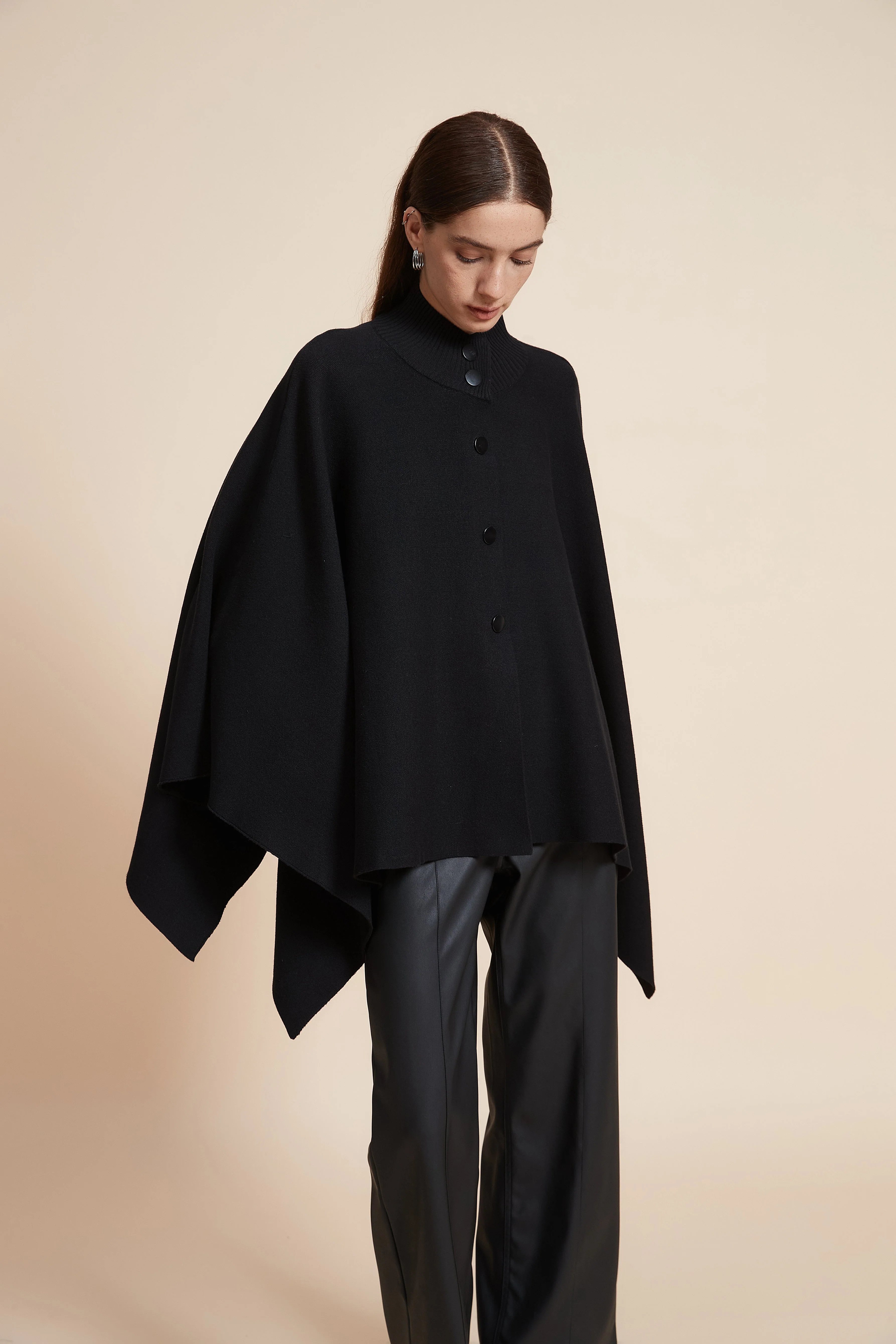 Plain Long Sleeve Poncho With Buttons - Image 3