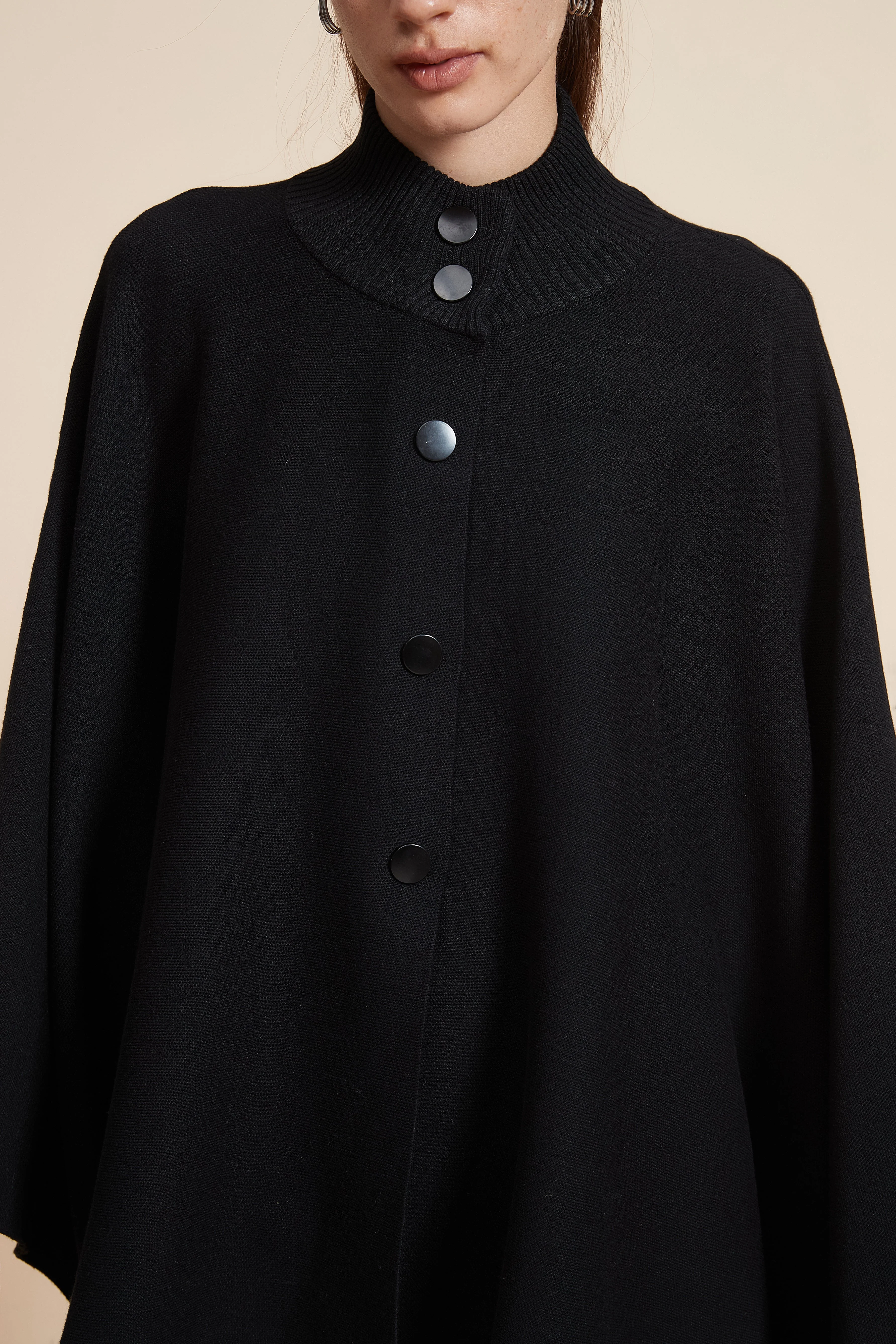 Plain Long Sleeve Poncho With Buttons - Image 5