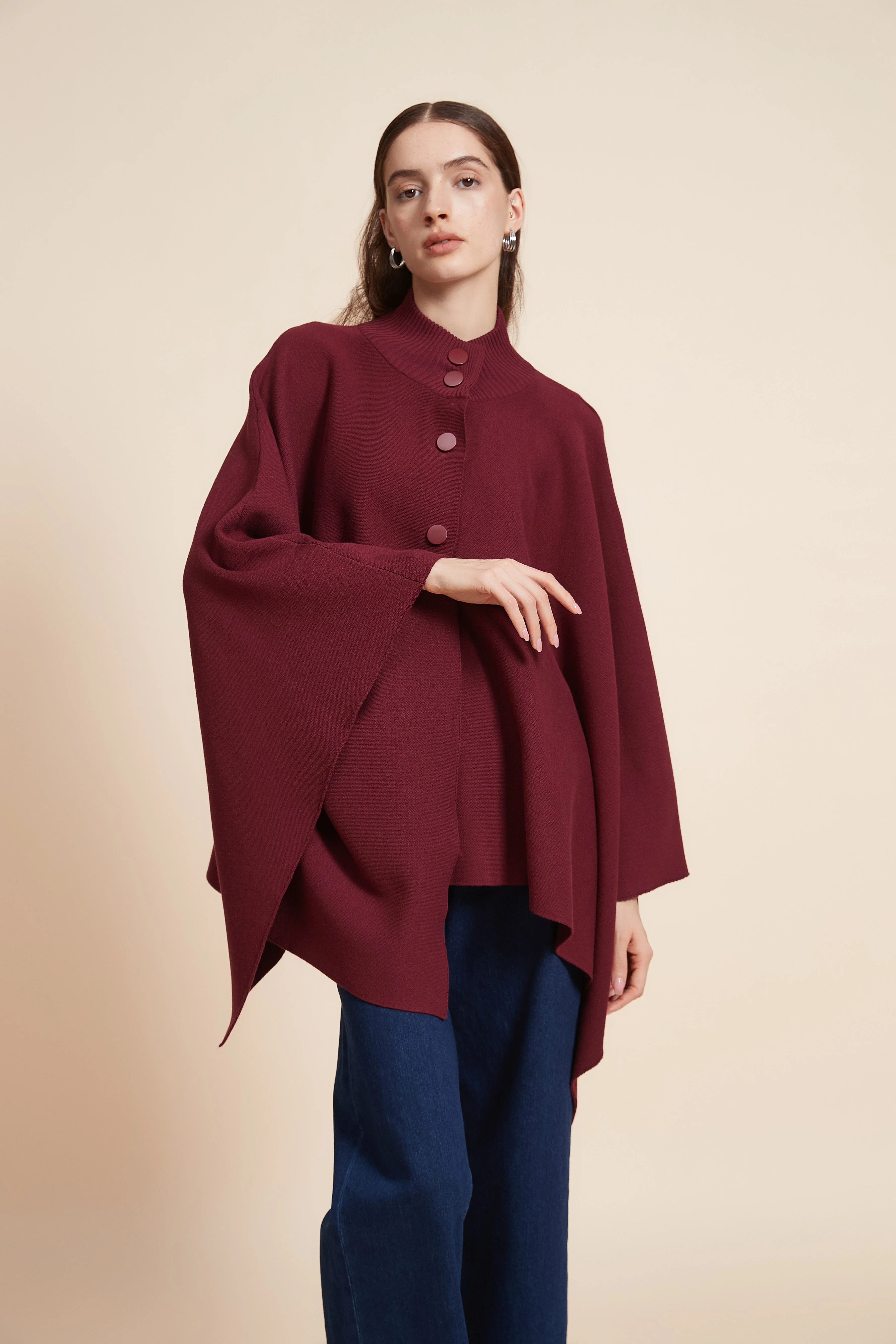 Plain Long Sleeve Poncho With Buttons - Image 7