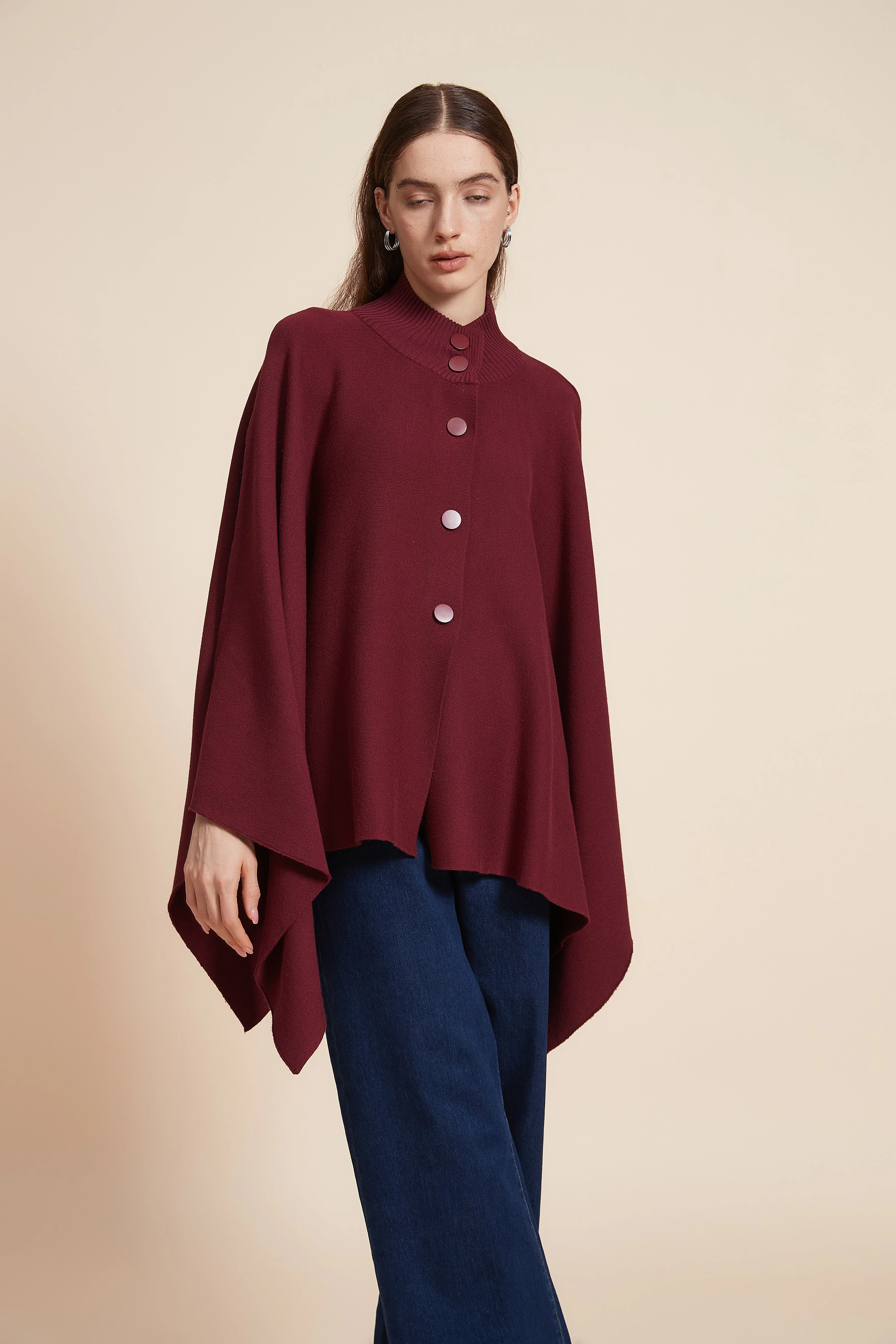Plain Long Sleeve Poncho With Buttons - Image 8