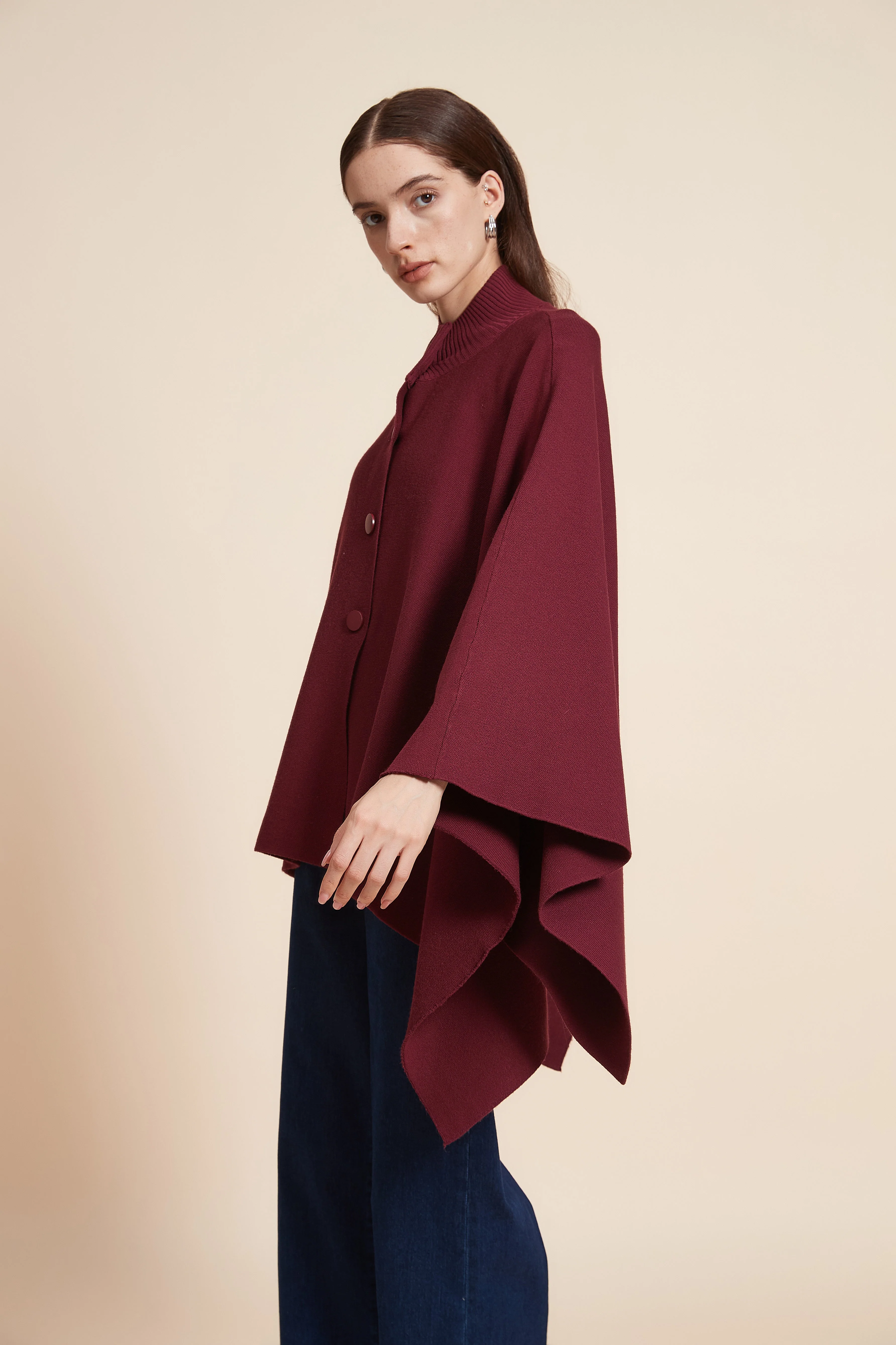 Plain Long Sleeve Poncho With Buttons - Image 9