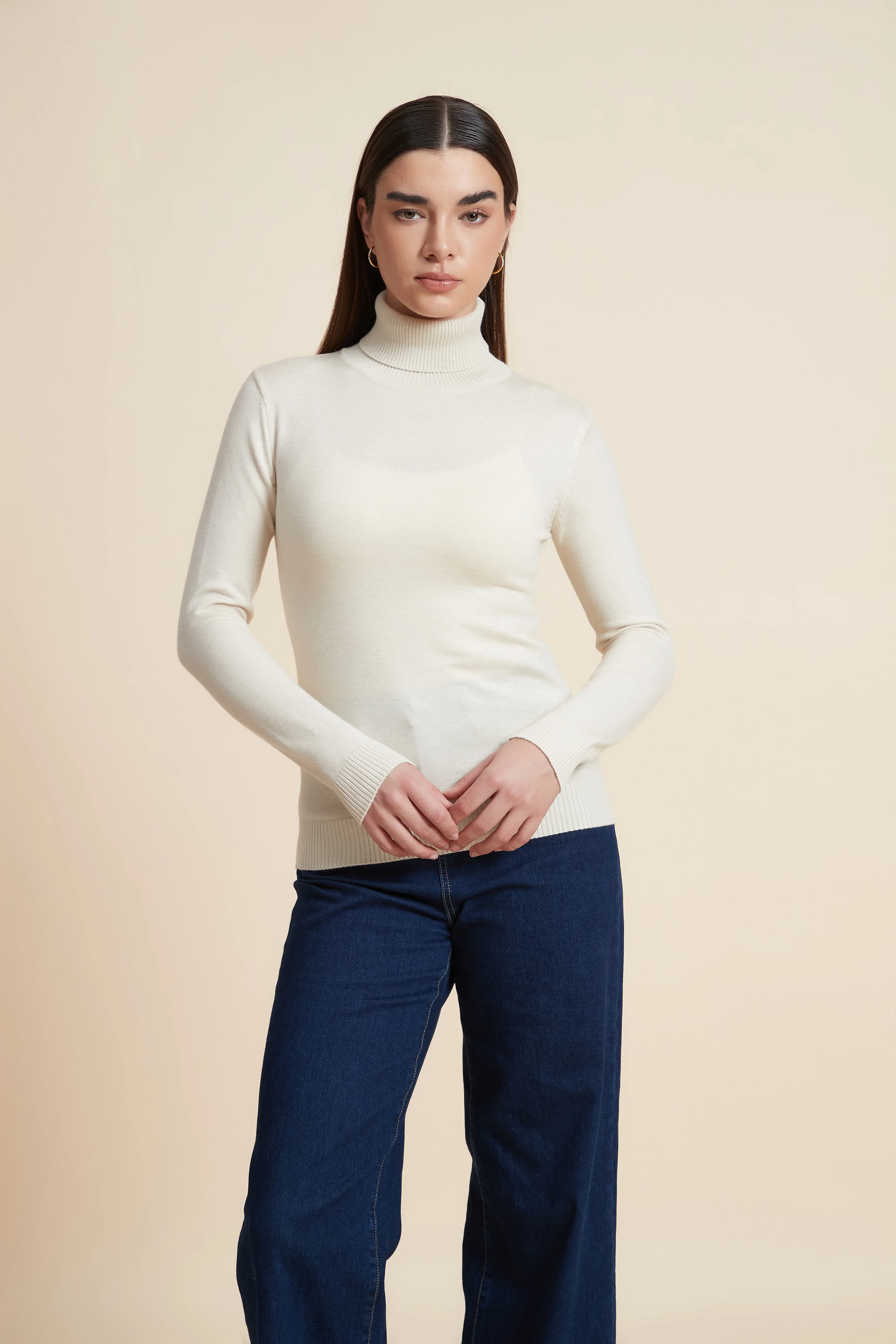 Plain Long-Sleeved Blouse With A High Neck