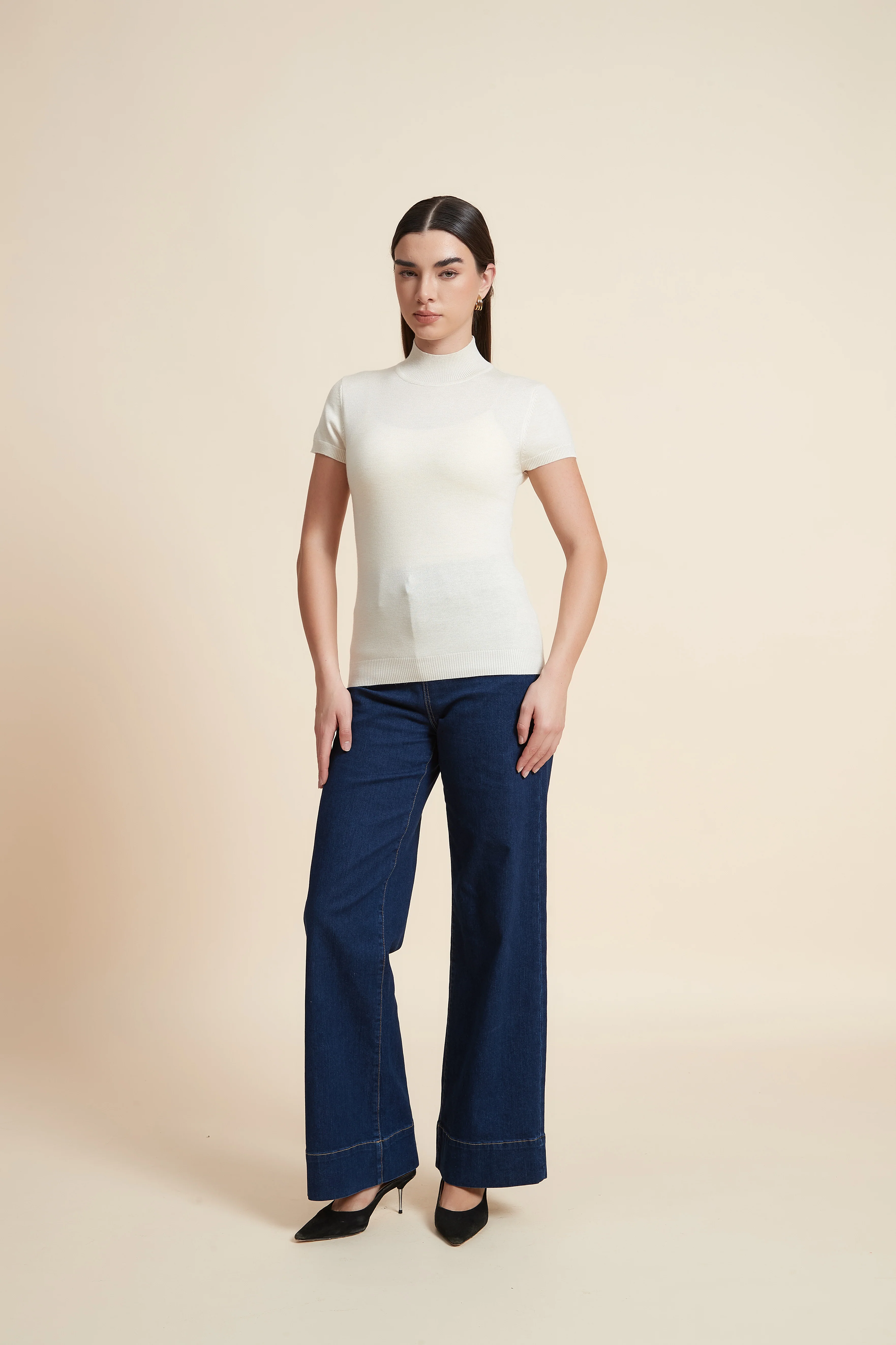 Solid Color High Neck Short Sleeve Blouse - Image 3